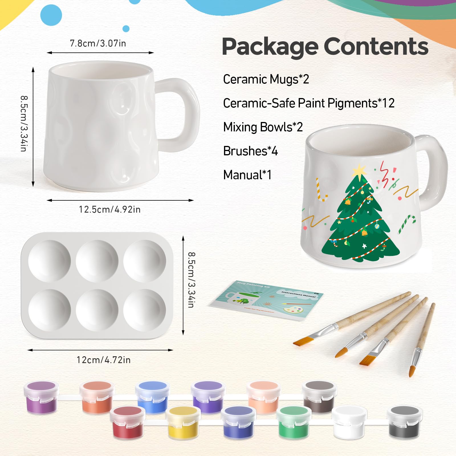 Hysagtek Keramik Bemalen Set - 2 Tassen, 12 Farben, Pinsel & Anleitung Für DIY Tassen