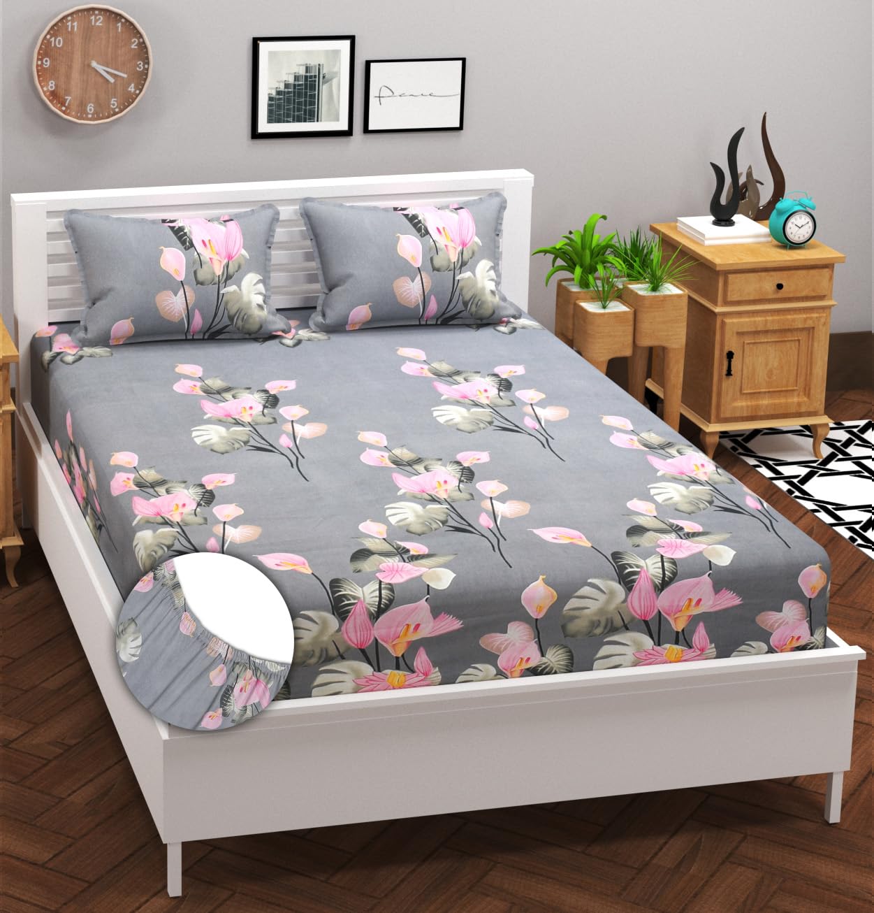 BSB HOME Premium Cotton 210Tc Elastic Fitted Bedsheets with 2 Pillow Covers | Double/Queen Bed with All Around Elastic 220 TC Supersoft Pattren Breathable |Size-60 x72+8 inches |Grey Flower-image-26