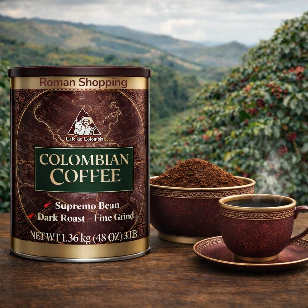Colombian Dark Roast Ground Coffee – Fine Grind, Supremo Beans – 3 lb Can – Inspired by Kirkland – Distributed by Roman Shopping