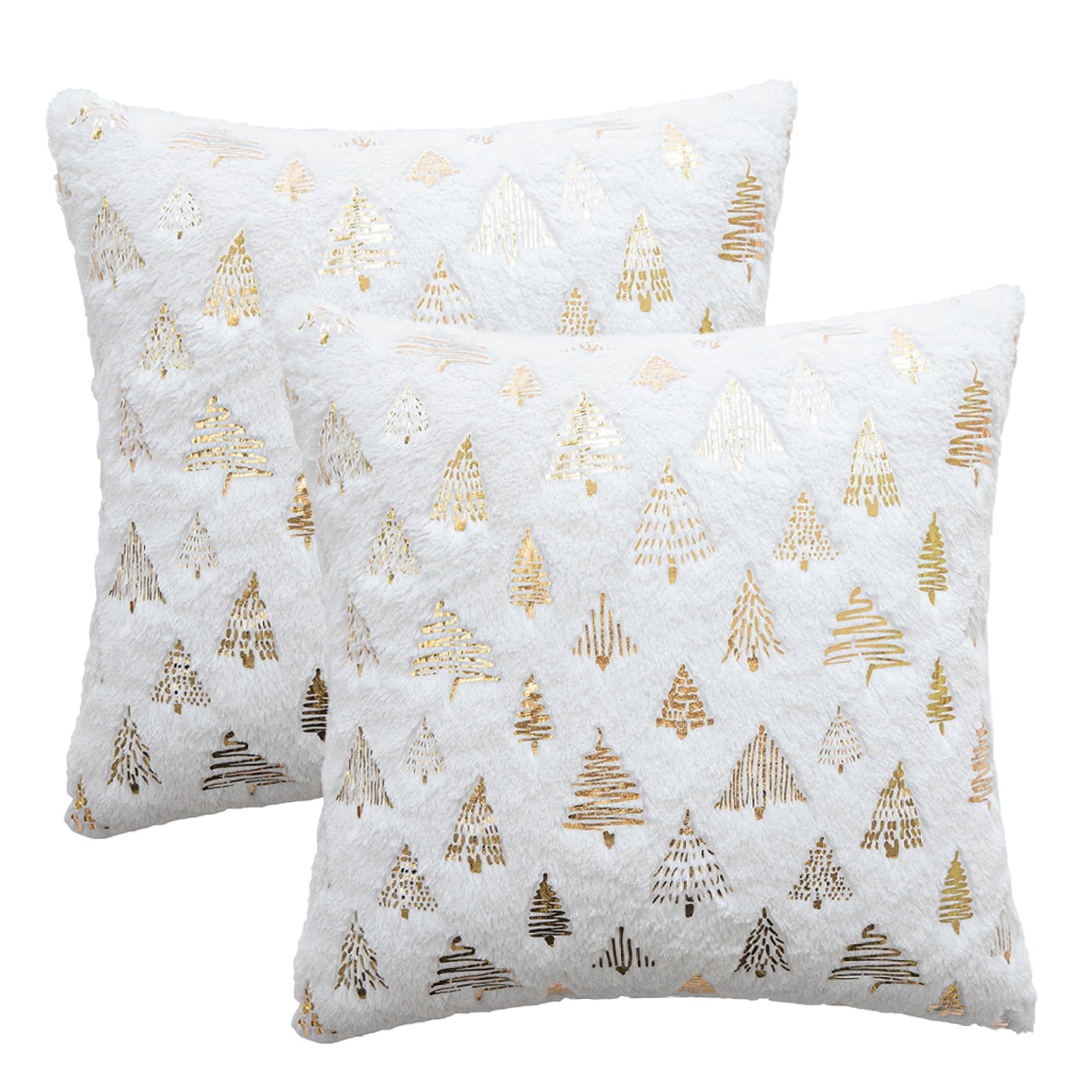 CAKEEYUM Christmas Pillow Covers 18x18 2Pcs Gold Foil Print Tree Soft Plush Throw Pillow Covers Glitter Christmas Decorations for Sofa Living Room Bedroom White