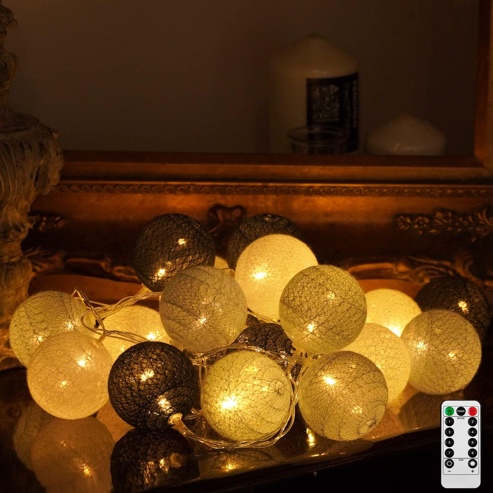 Ciskotu Baumwollkugeln Lichterkette Batteriebetrieben, 20 LED Dimmbar Cotton Ball Lichterkette mit Fernbedienung, LED Kugeln Lichterkette Innen für Kinderzimmer Weihnachten Hochzeit Party(Macaron)