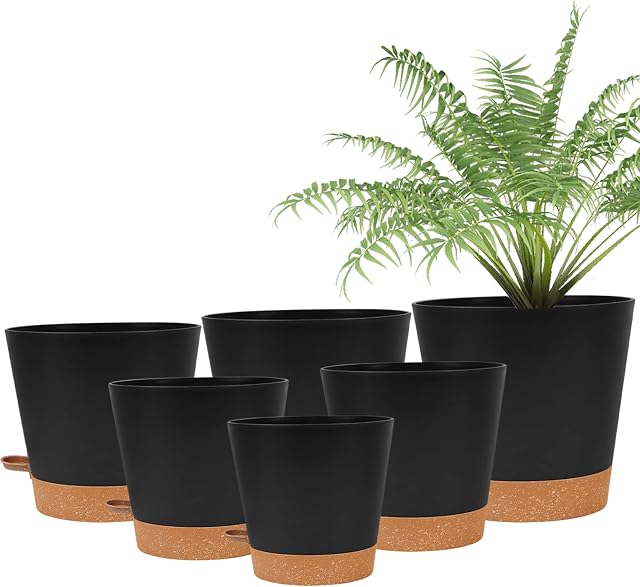wintfarm 6 Pack Plastic Plant Pots Indoor, 8/7/6.5/6/5.5/5 Inch Modern Self-Watering Planters for Plants, Flower Pots with Drainage Holes and Trays(Black)
