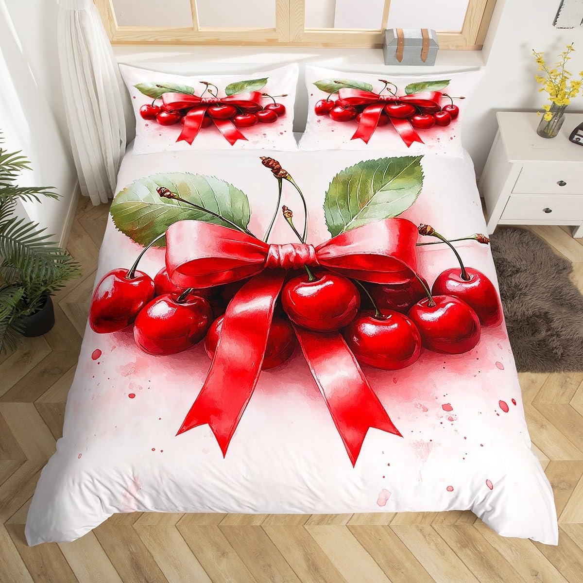 jejeloiu Girls 3D Cherry Comforter Cover Toddler Bowknot Bedding Set for Kids Boys Tropical Fresh Fruit Print Pattern Duvet Cover Room Decor（No Comforter