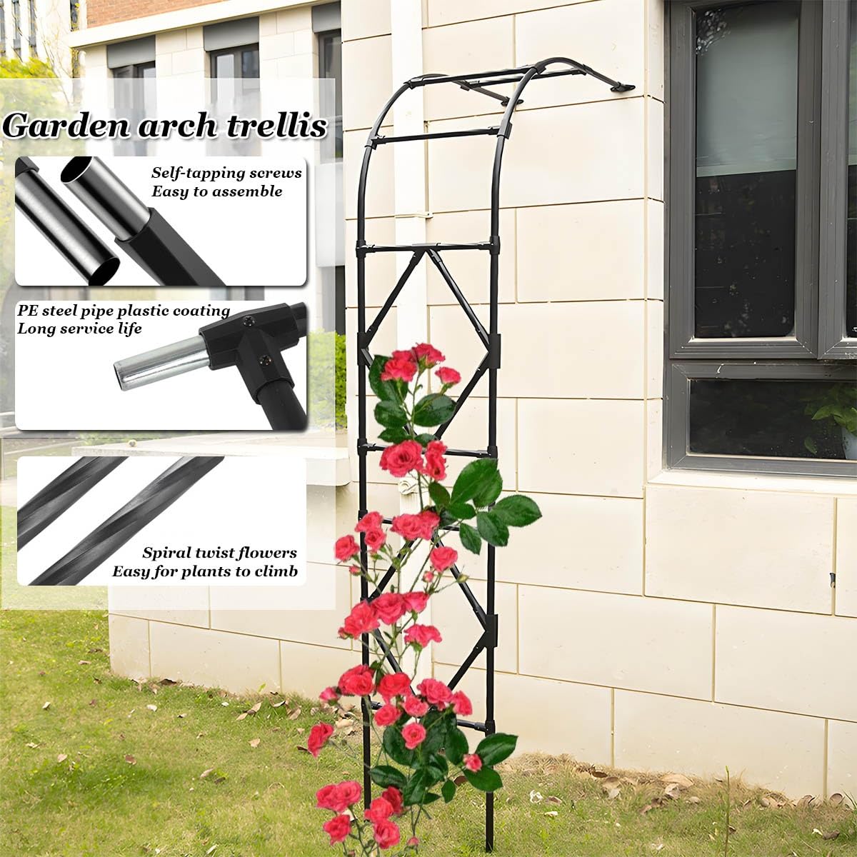 Zewnętrzny metalowy łuk ogrodowy – odporna na warunki atmosferyczne róża kratka do roślin pnących, 3,0 x 2,4 m, elegancki czarny design, idealna do dekoracji ogrodu i wsparcia.