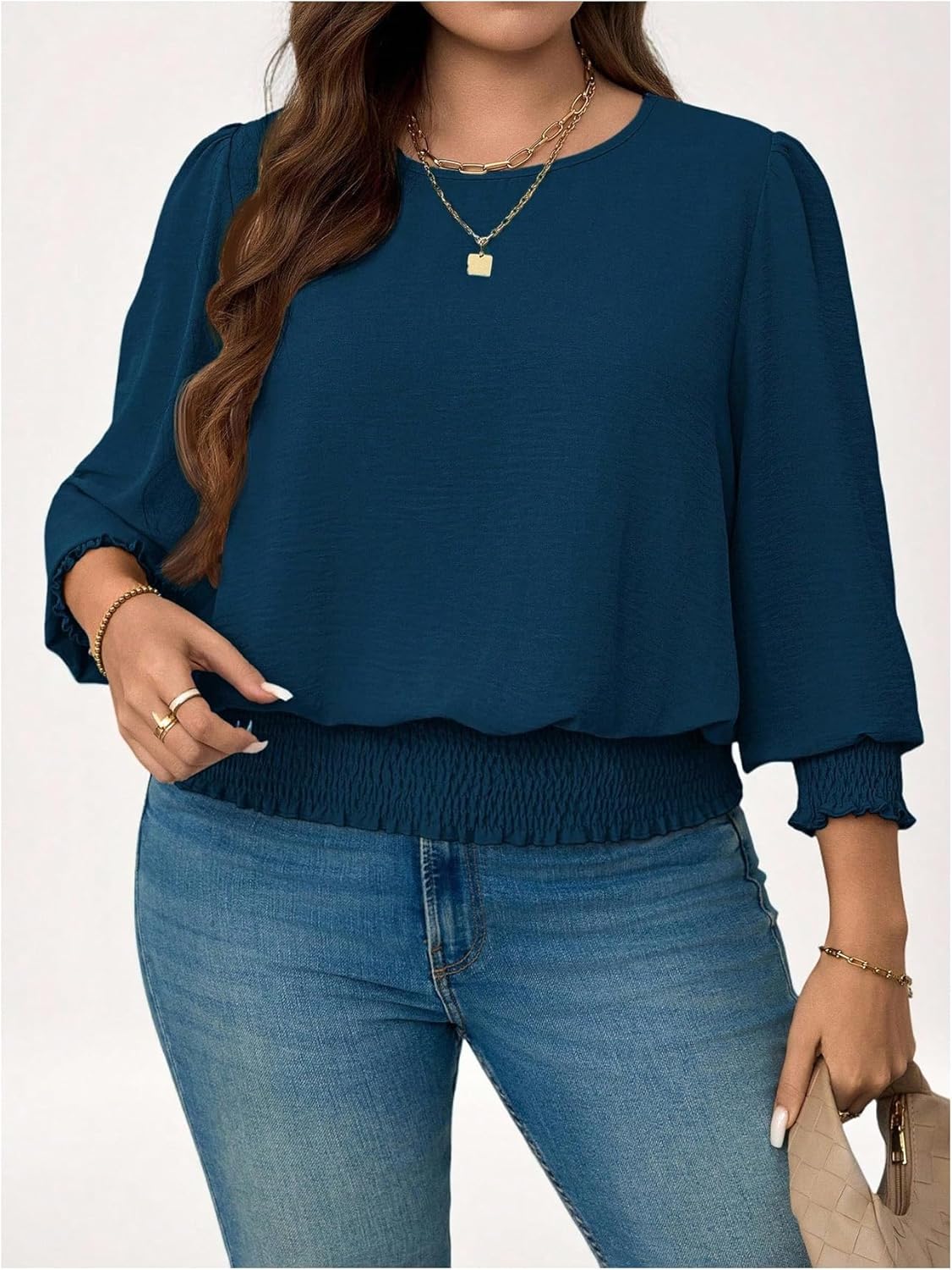 MakeMeChic Women's Plus Size Lantern Sleeve Blouse Crew Neck Shirred Going Out Shirt Tops - Image 4