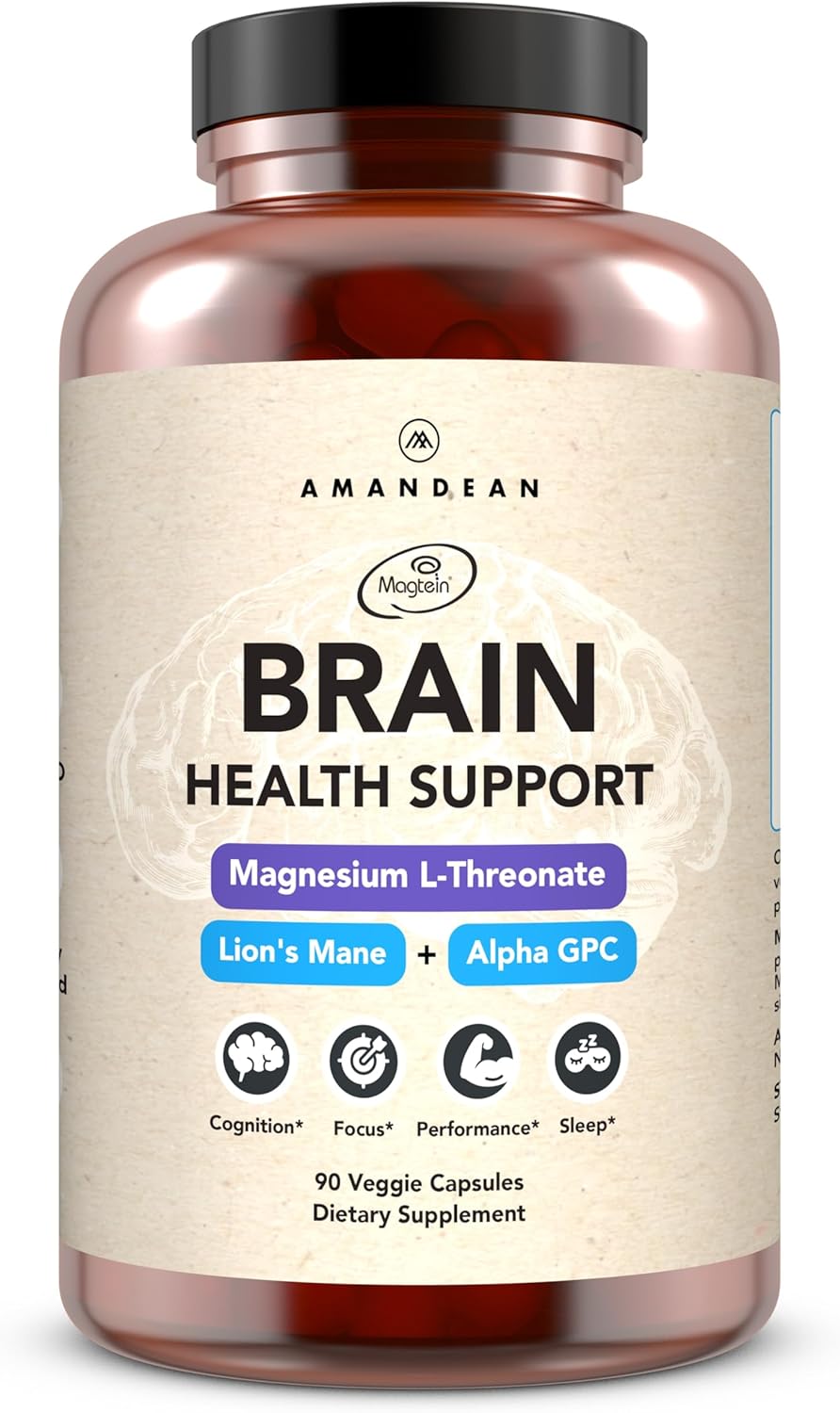 AMANDEAN Brain Supplement. Nootropic Cognitive Support for Memory, Focus, Clarity. Magnesium L-Threonate (Magtein), Lion’s Mane Mushroom Extract, Alpha GPC Choline Complex. 90 Veggie Capsules.