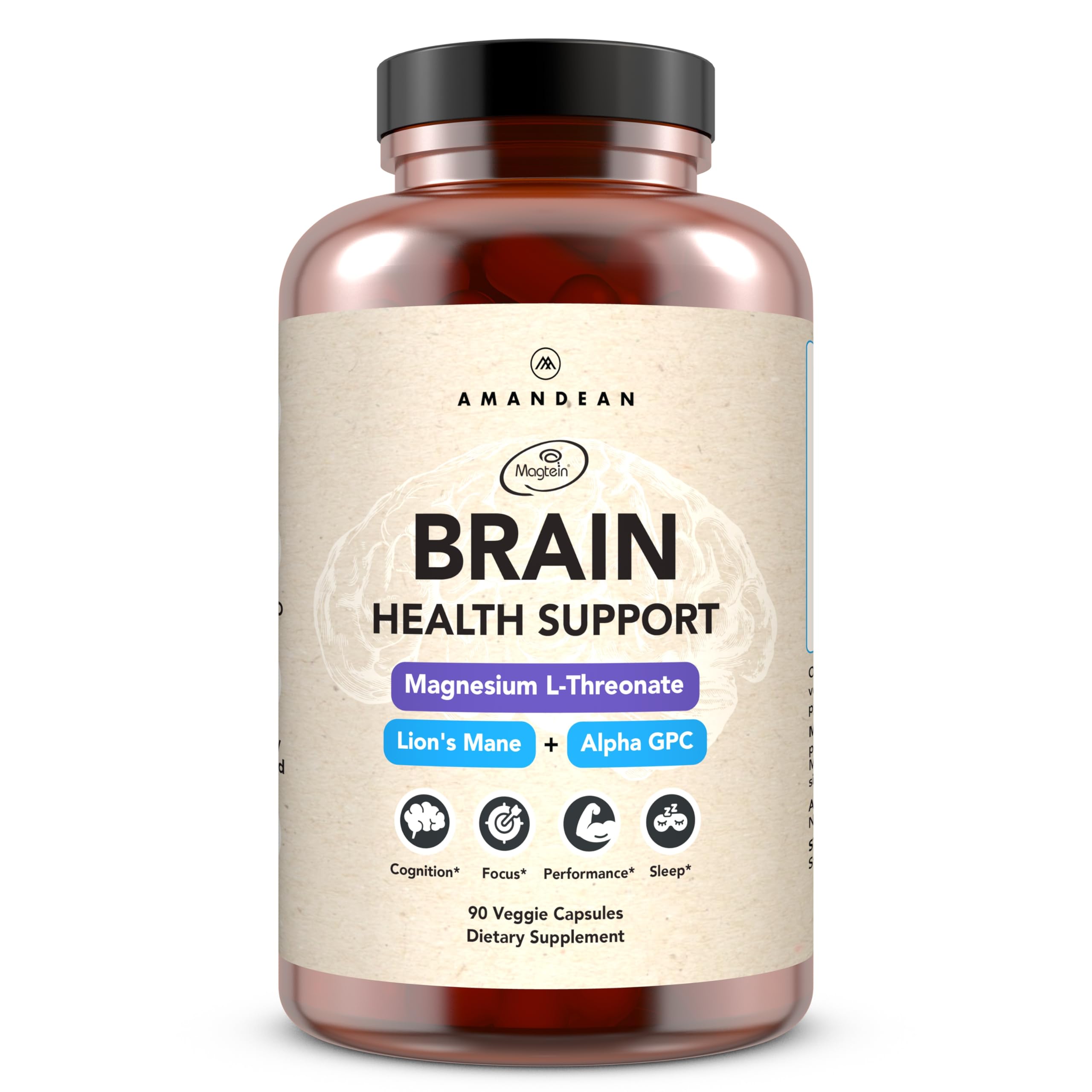 AMANDEAN Brain Supplement. Nootropic Cognitive Support for Memory, Focus, Clarity. Magnesium L-Threonate (Magtein), Lion's Mane Mushroom Extract, Alpha GPC Choline Complex. 90 Veggie Capsules.