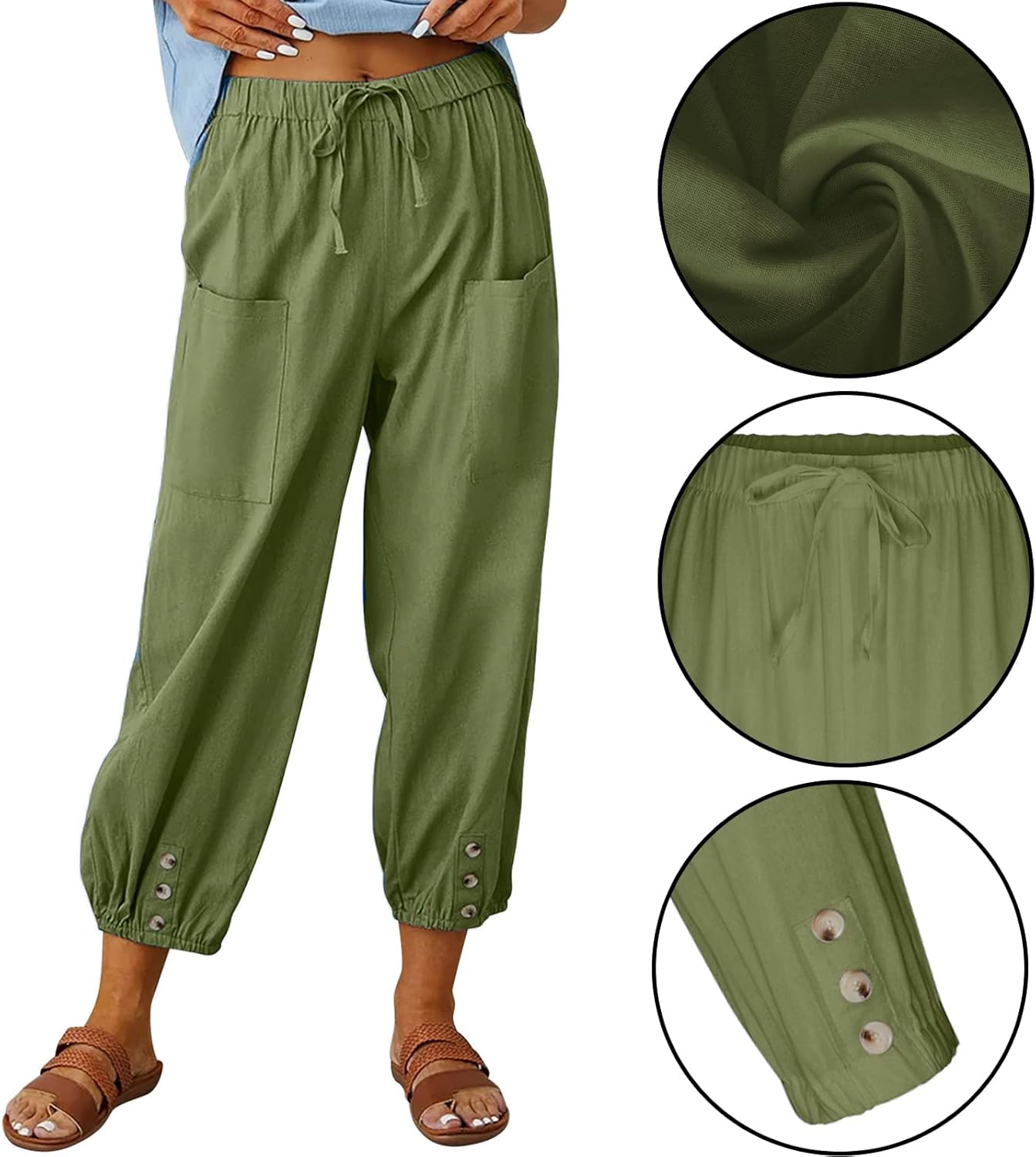 WROLEM Womens High Waist Pants Drawstring Wide Leg Cropped Casual Loose Capris with Pockets for Women - Image 3