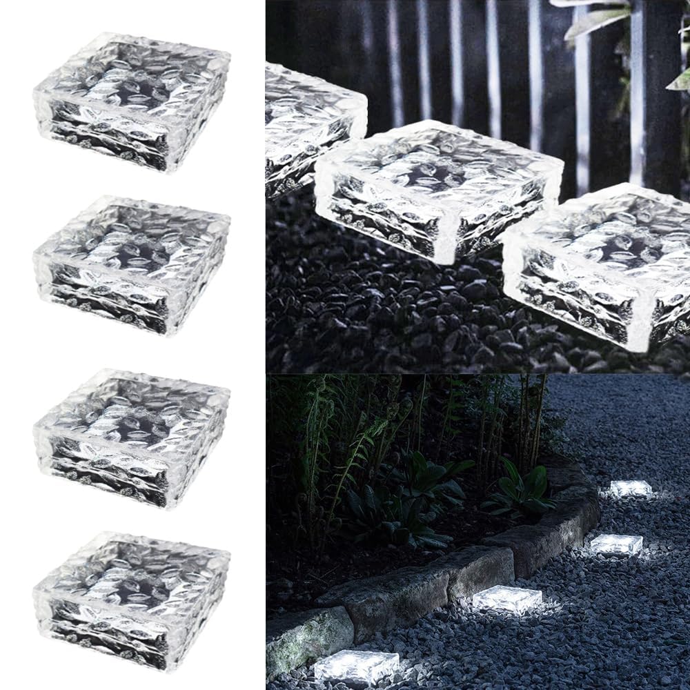 HIQE-FL Luce Solare Del Mattone Luci,4Pcs LED Luce Sepolta Percorso,LED Sepolta Mattone,Luci Solari Da Giardino,Impermeabile,Cortile,Giardino,Terrazza (bianco)