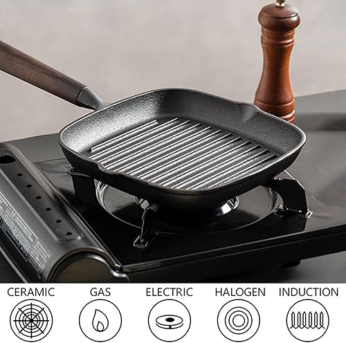 Miniatura 6 de JUSTUP Sartén cuadrada de hierro fundido, sartén antiadherente con boquillas de vertido, sartén acanalada pre-sazonada con mango resistente al