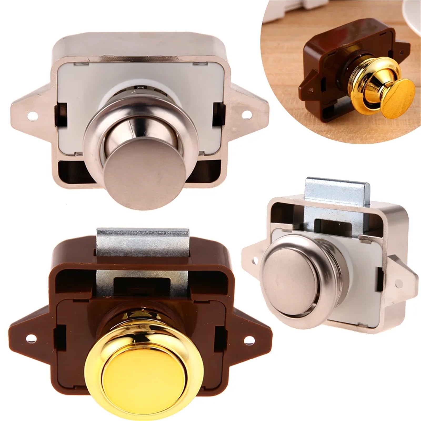 Keyless RV Push Cabinet Locks Door Catches Drawer Zinc Alloy Button RVs Camper Van Caravan Motorhome(1Pc Golden)