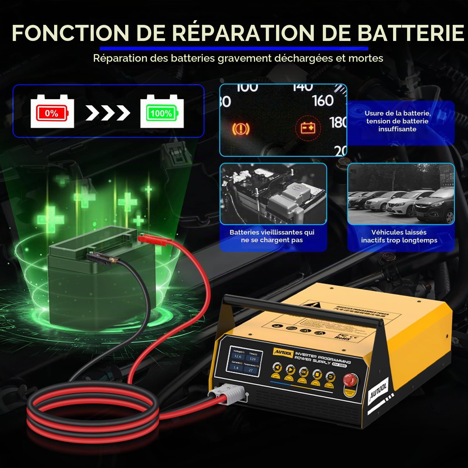 AUTOOL Chargeur Batterie Voitures, Alimentation électrique pour reprogrammation Flash 150A, Inverter 12V 220v 1500W, Charge Rapide Chargeur Batterie pour Batterie au Plomb