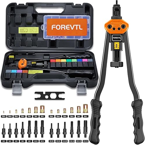 FOREVTL Herramienta de tuerca de remache - Kit de tuercas de remache de 16 pulgadas con 13 mandriles métricosSAE, 150 tuercas de remache y estuche