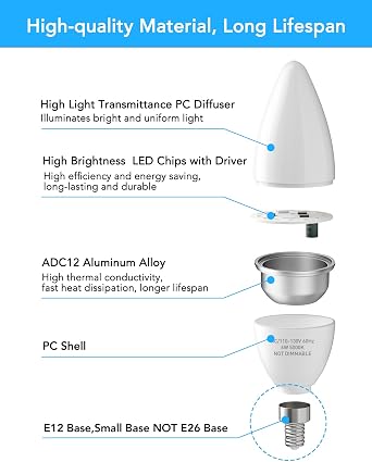 PARTPHONER B11 E12 6W LED Candelabra Bulb 600lm 5000K 6-Pack | Bright 60W Equivalent High CRI 85+ for Ceiling Fan Chandelier Energy Efficient Flicker Free, Daylight White