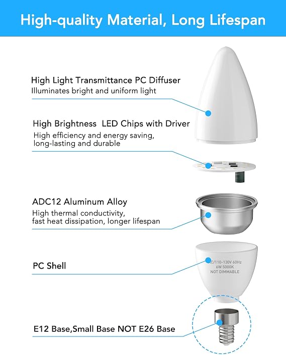 PARTPHONER B11 E12 6W LED Candelabra Bulb 600lm 5000K 6-Pack | Bright 60W Equivalent High CRI 85+ for Ceiling Fan Chandelier Energy Efficient Flicker Free, Daylight White