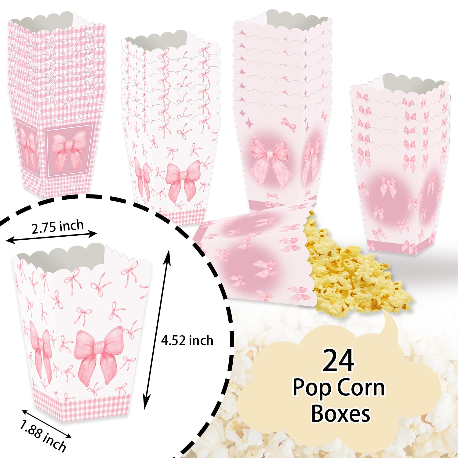 24 Pcs Pink Bow Popcorn Boxes Bow Party Favor Bags Popcorn Bags Coquette Bow Goodie Bags Bow Candy Bags for Girls Birthday Baby Shower Bachelorette Graduation Party Supplies