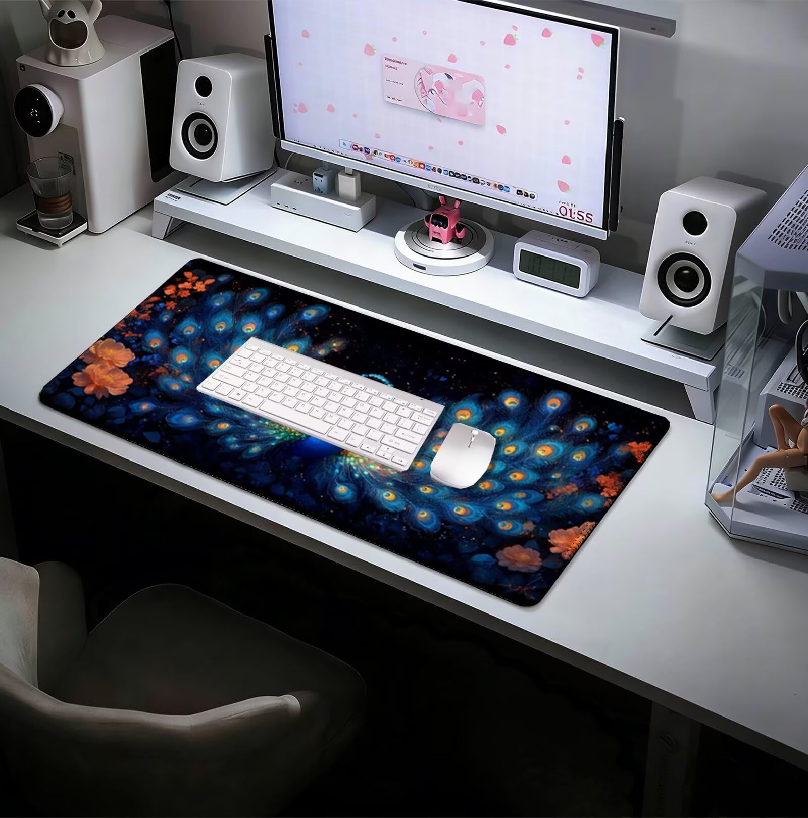 Podkładka pod mysz z pawiami XXL 1200 x 600 mm, podkładka na biurko ze zszytymi krawędziami, podkładka pod mysz zwierzęcą z wodoodporną i antypoślizgową gumą, do biura i domu, prezenty dla mężczyzn H