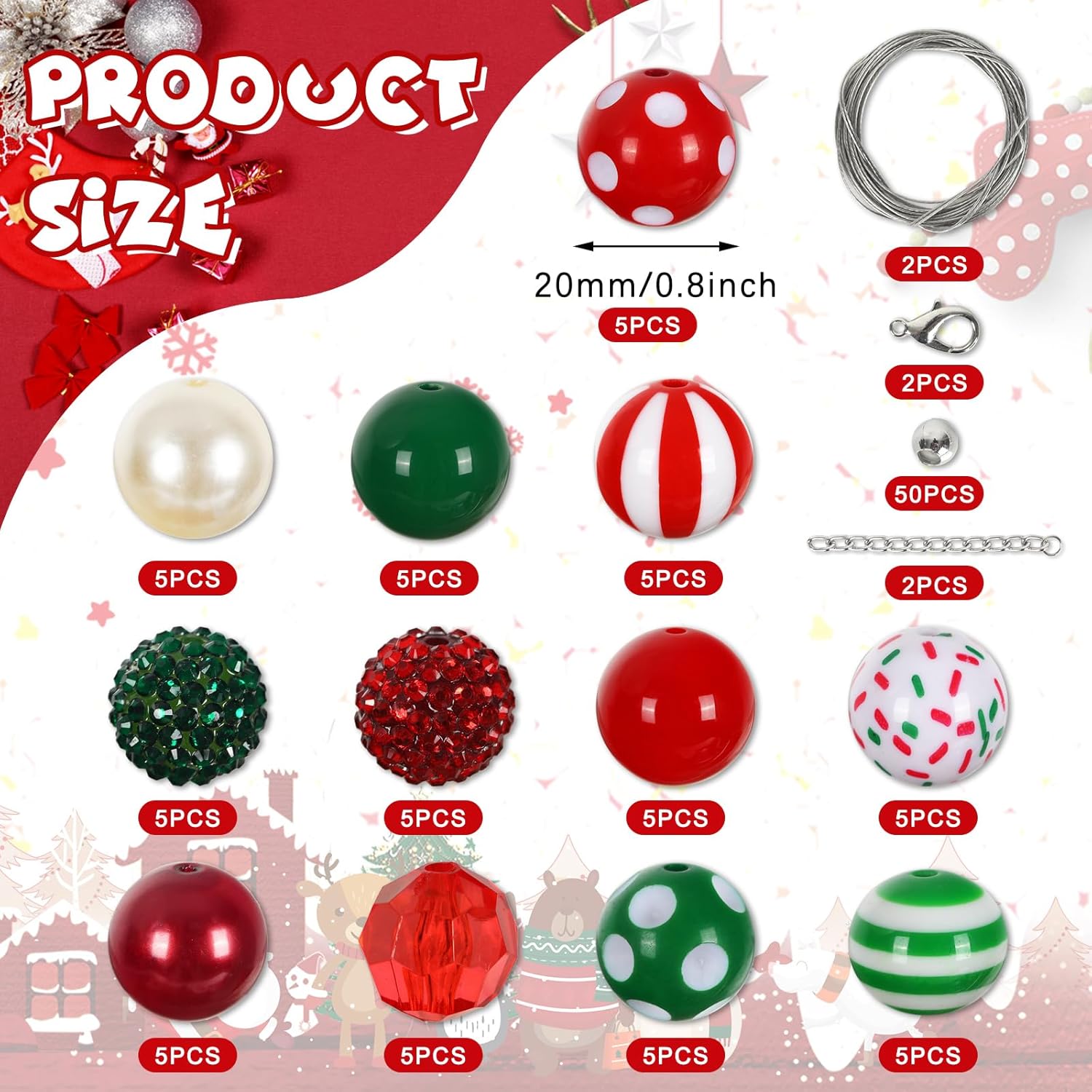 Waline Christmas Bubblegum Beads - 20mm Mixed Chunky Acrylic Spacer Christmas Focal Beads Kit Red Green Xmas Gumball Loose Beads for Jewelry Necklace Bracelet Making DIY Craft, 60pcs - Image 2
