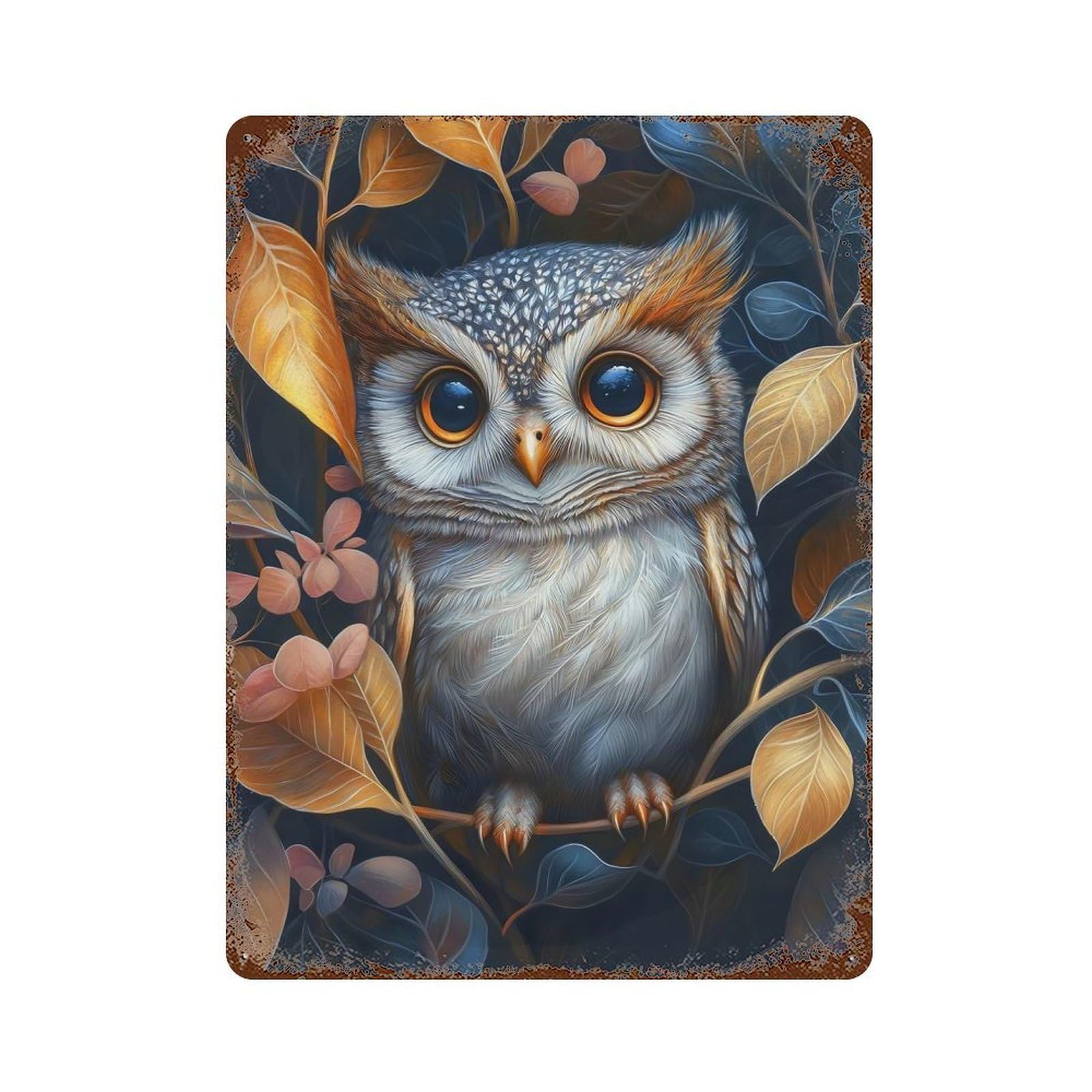 Garage Style Owl In Autumn Leaves Vintage Rust Metal Sign 15.7"x11.8", Vintage Wall Decor for Bar And Workshop