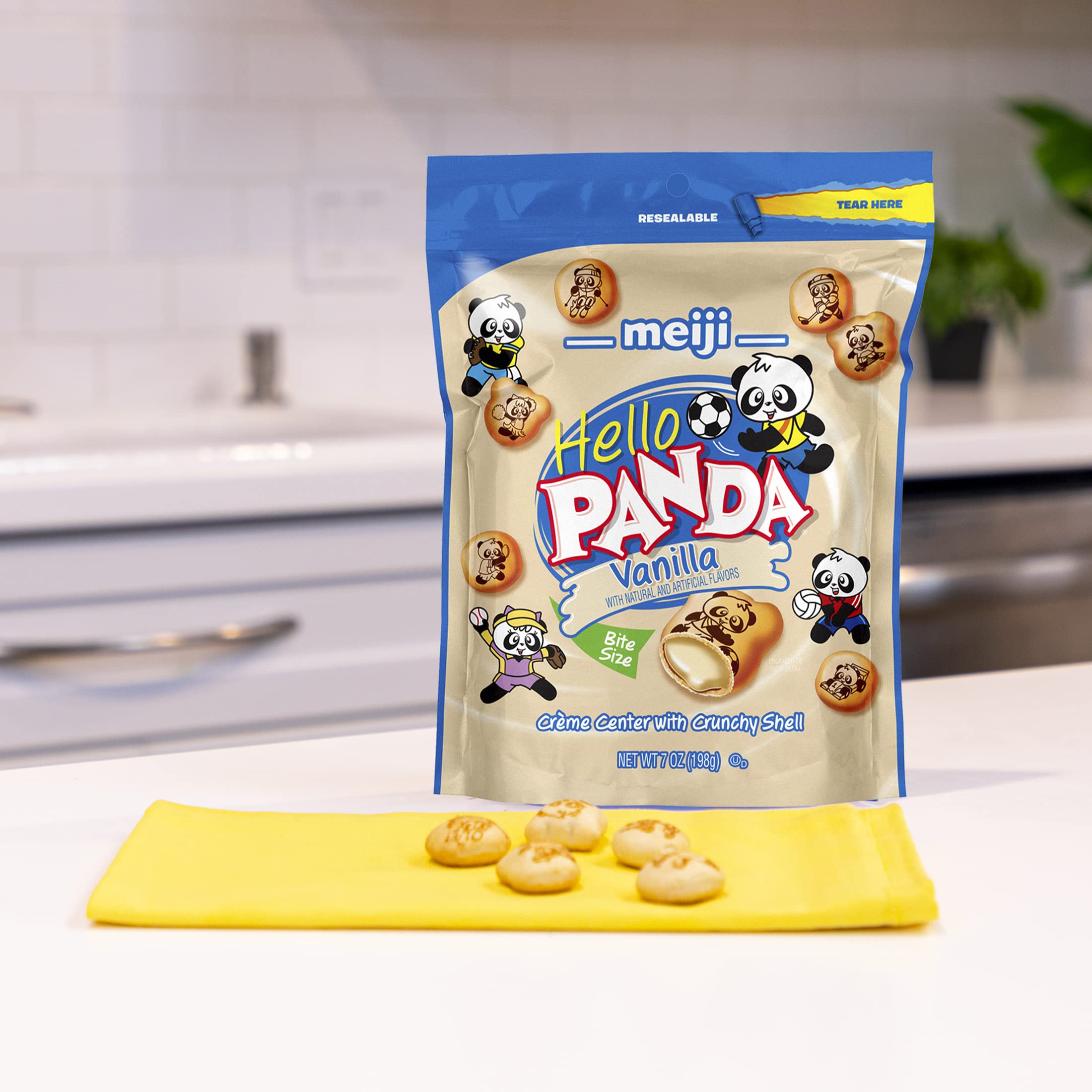 Meiji Hello Panda Cookies,  Crème Filled, Resealable Package - 7 oz, Pack of 6 - Bite Sized Cookies with Fun Panda Sports: Vanilla