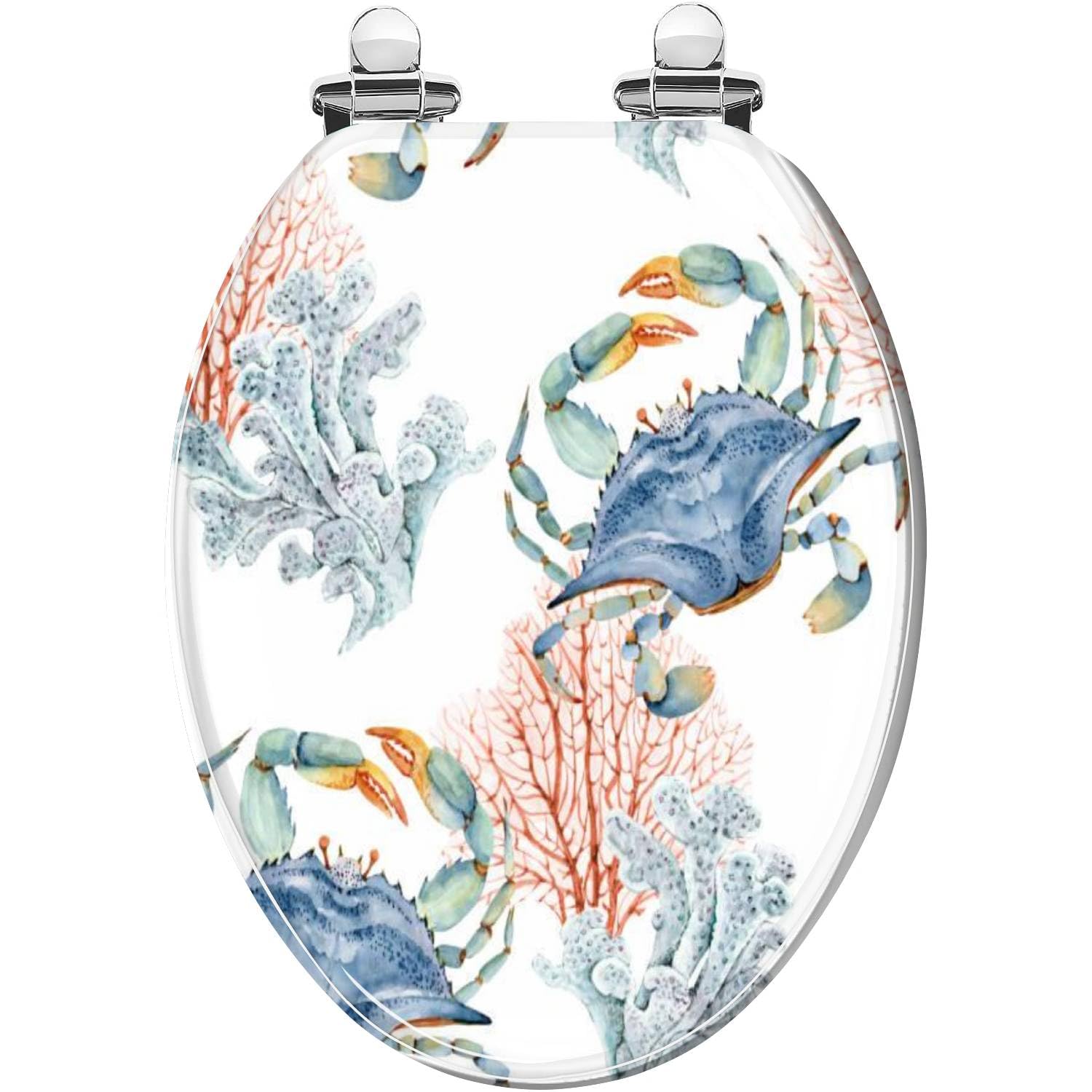 Elongated Toilet Seat sea blue crabs corals watercolor painted nautical style Resin Toilet Seat with Quietly Close Quick Release Hinges Decorative Toilet Seat with Cover Easy to Clean and Install