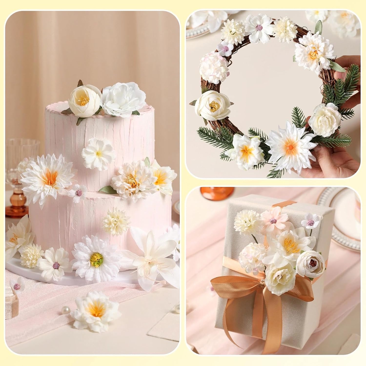 Artificial Flowers Heads Combo White Flowers Mix Silk Flowers Heads Bulk Faux Rose for Craft Garland Graduation Cap Wedding Bridal Baby Shower Home Party Decoration DIY Cake Decor - Image 2