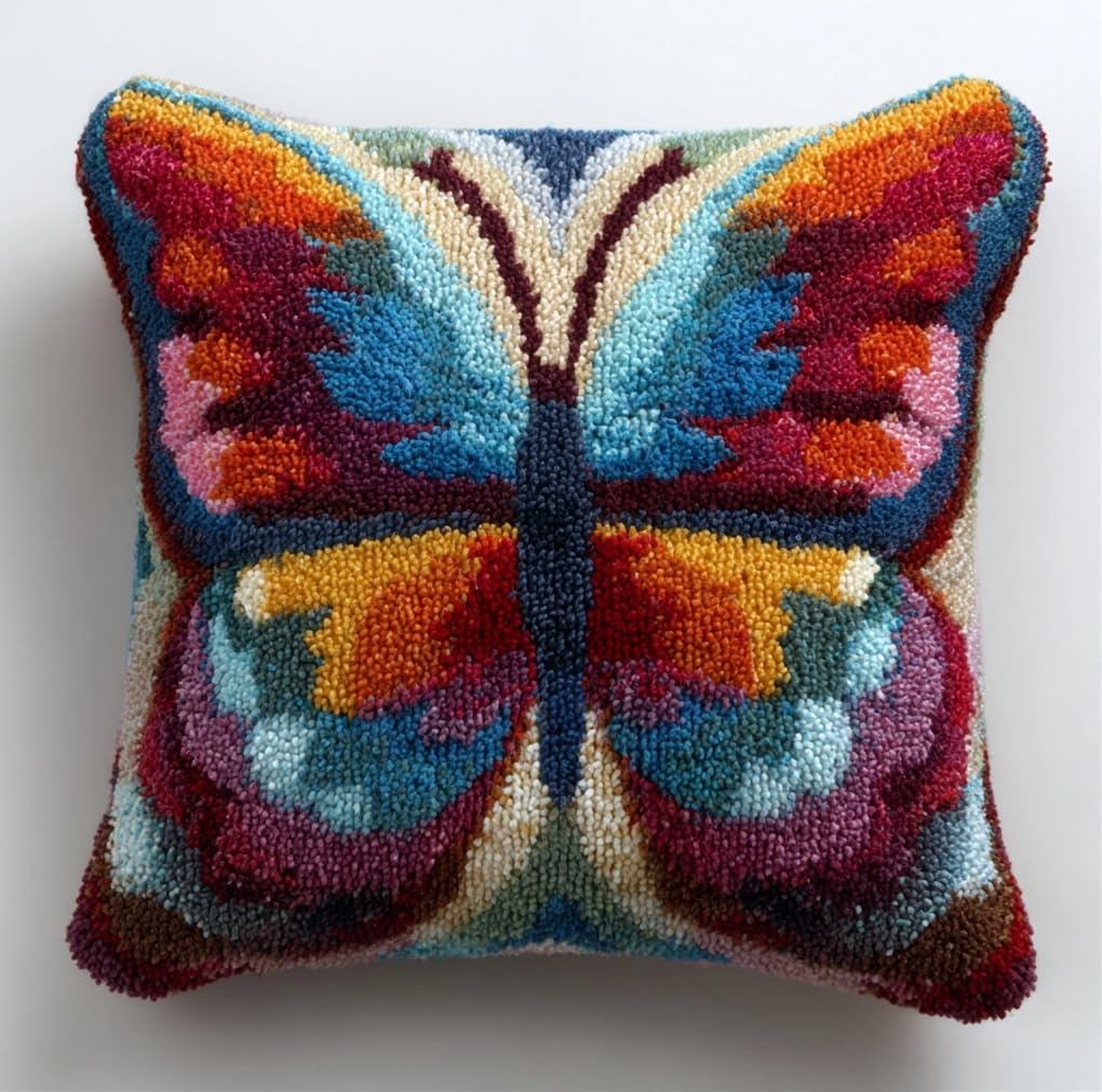 Taxpy Animal Latch Hook Cushion Kit, Colorful Butterfly Knitting Kits Cushion, 43X43Cm/17X17 Inch Rug Making Kit for Starters, Latch Hook Kits for Beginners Adults Or