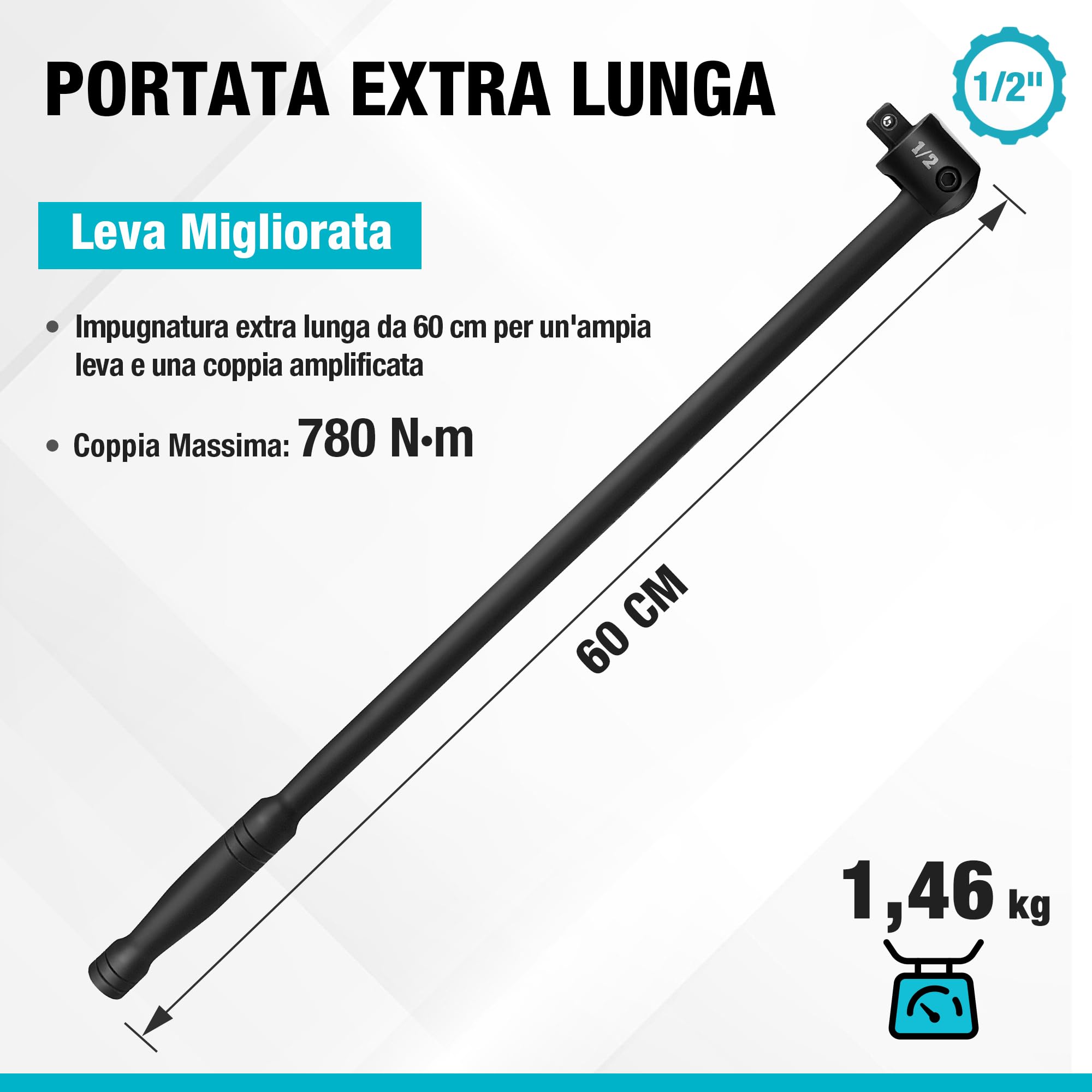 DURATECH Barra di Rottura da 1/2, Lunghezza 600 mm, Con Testa Flessibile a 240°, Barra per Carichi Pesanti con Impugnatura Antiscivolo, Nera