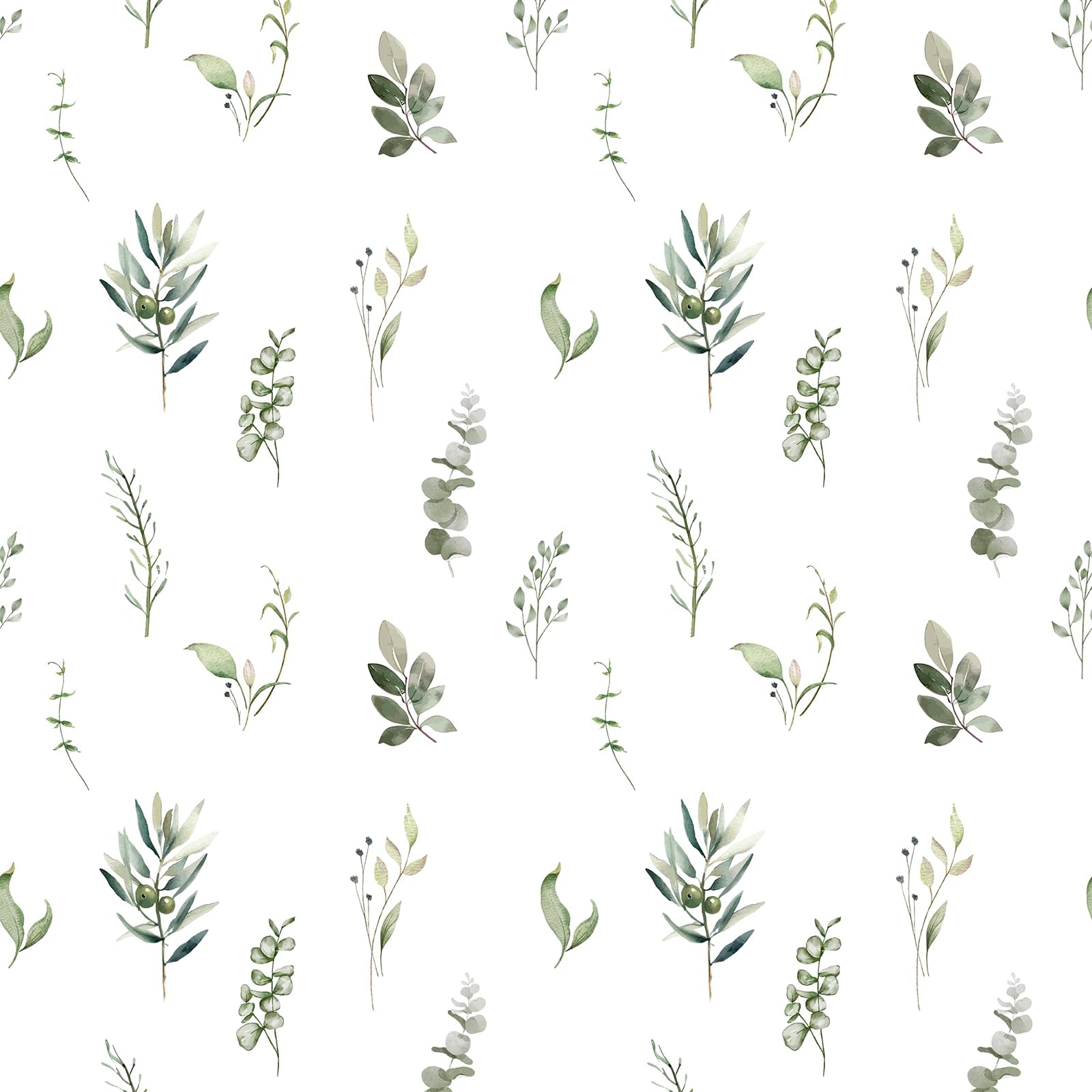 Peel and Stick Eucalyptus & Olive Leaf Wallpaper - White Green Removable Wall Mural, Self-Adhesive Contact Paper Wall Decor for Bedroom, Waterproof Vinyl Peel Stick Wallpaper Roll,17.3"x 78.7"