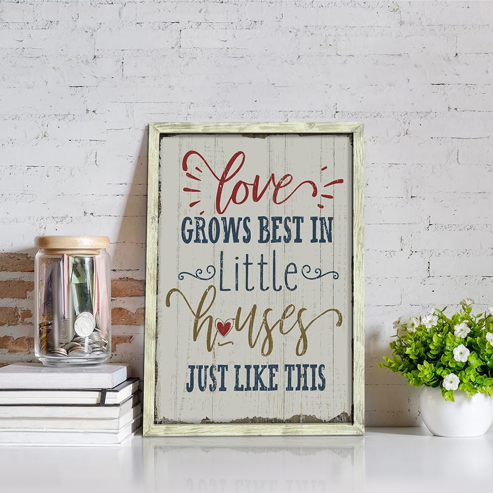 Farmhouse Family Wood Wall Decor: Rustic Home Sign Framed Art Picture Love Grows Best in Little Houses Inspirational Quote Print Artwork for Bedroom Living Room Kitchen Decorations