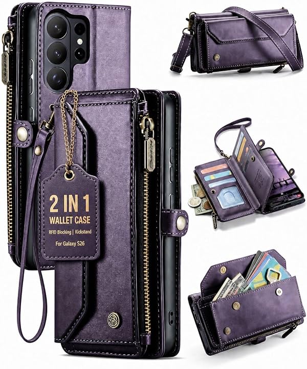 para Samsung Galaxy S26 Funda Tipo Cartera con Portatarjetas, Púrpura | Funda de Cuero PU Flip Folio con Cremallera, Bloqueo RFID, Cierre Magnético, Soporte, Correa Cruzada y Lanyard para Mujeres y Hombres