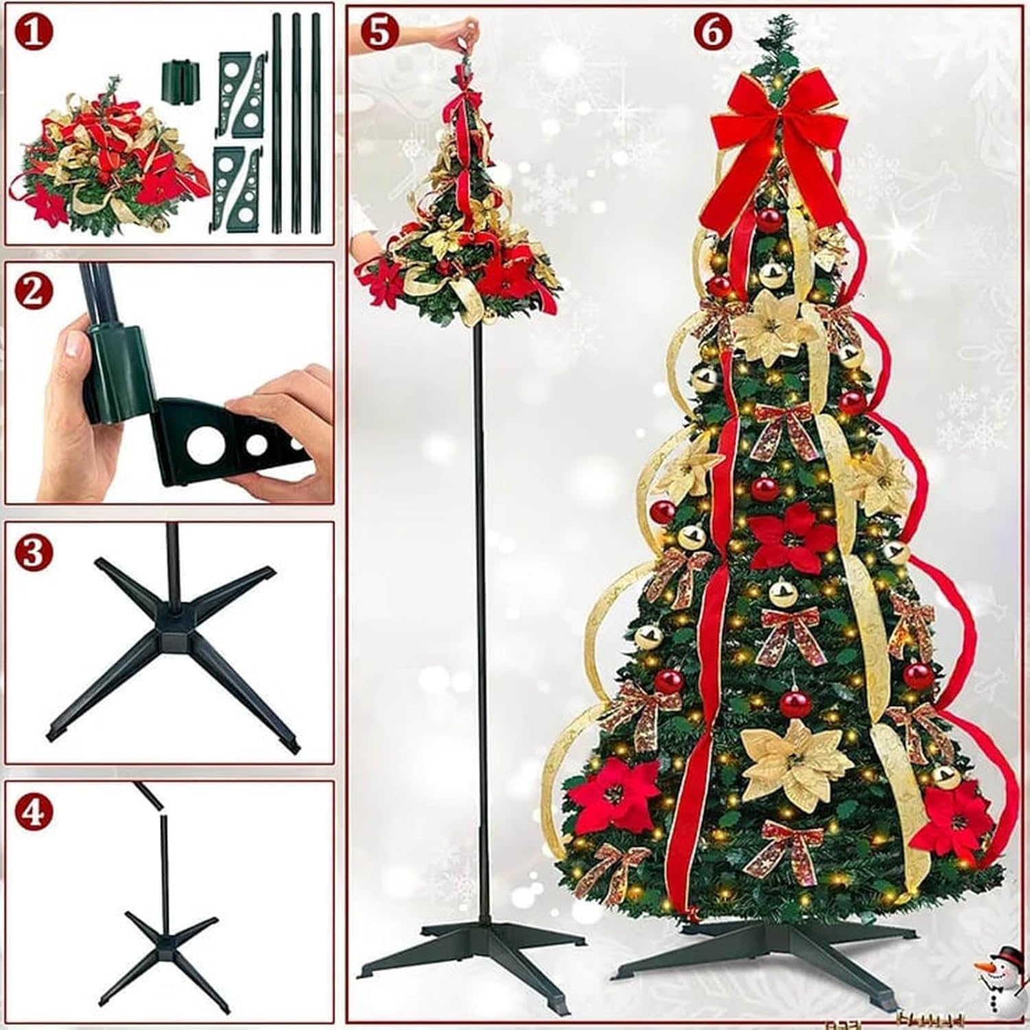 Genérico Árbol de Navidad Plegable, Árbol de Navidad Totalmente Decorado con Luces, Adornos de Cinta y Lazo para Decoraciones de Fiesta de Navidad