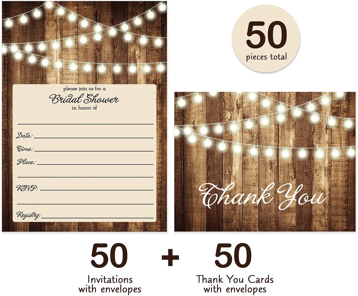 Digibuddha DB Party Studio SET of Rustic Bridal Shower Invitations & Thank You Cards with Envelopes (50 of each) Shabby Chic Fill In Wedding Party Invites Thank You Notes VS0007L