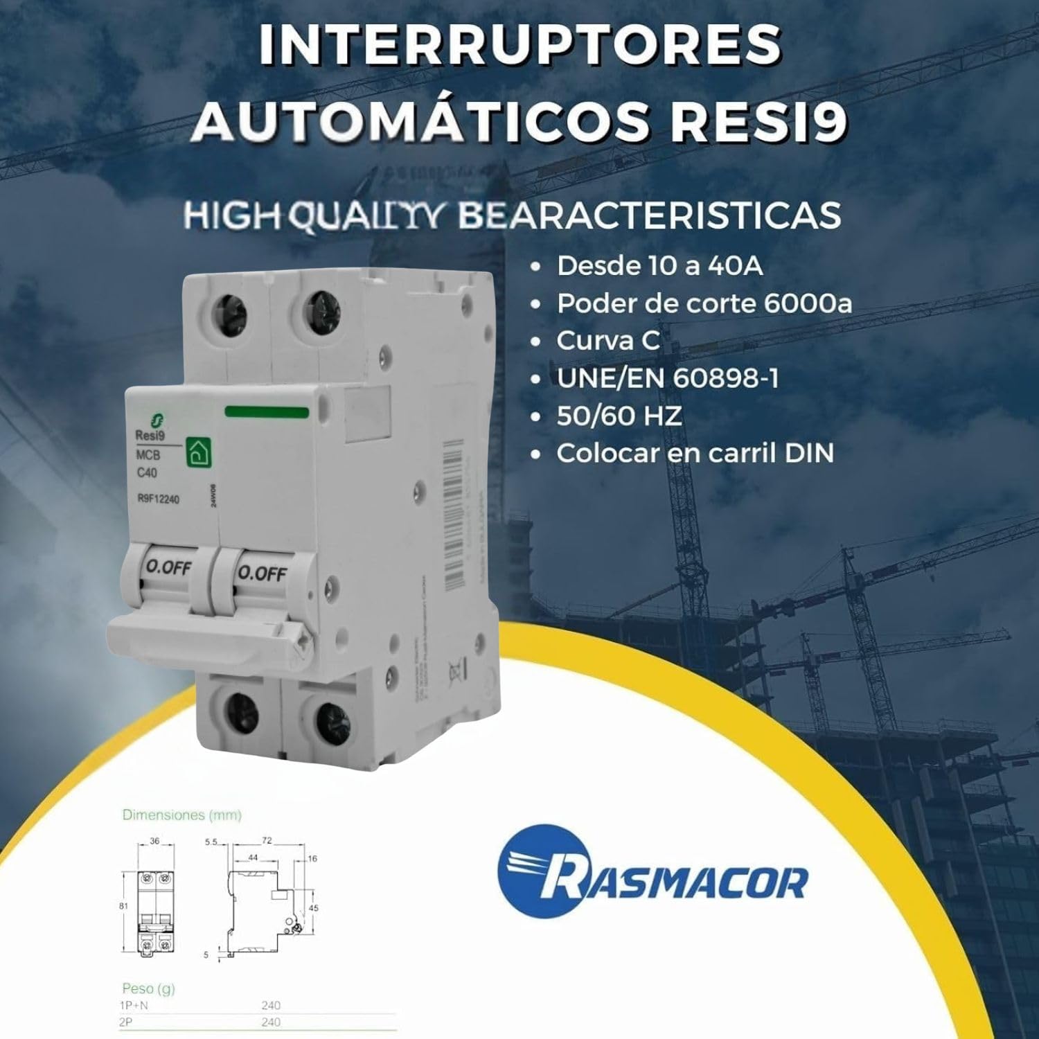 RASMACOR | Interruptor Magnetotérmico Residencial 2P 40A | RESI9 R9F12240 | CURVA C | Frecuencia 50/60HZ | Norma UNE/EN 60898-1 CE | 40 Amperes