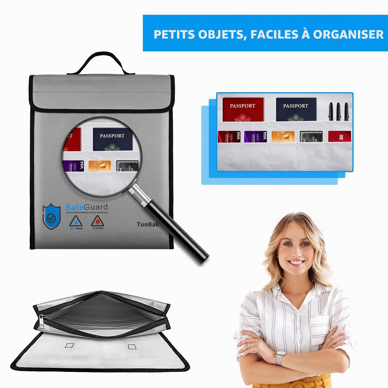 TuoBak's Sac Ignifuge pour Documents, Porte-Documents étanche et Ignifuge | Sac étanche à feu pour Documents de Poches intégrées pour Cartes de crédit en Fibre de Verre de qualité supérieure