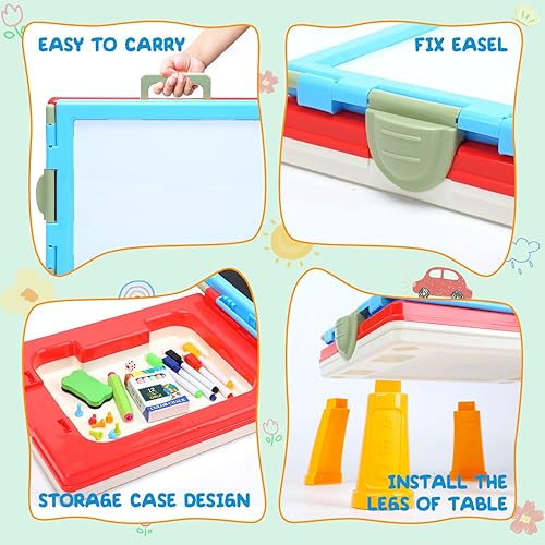 Miniatura 5 de Caballete de arte para niños, caballete de arte plegable de doble cara, pizarra de tiza y pizarra blanca con accesorios de pintura, regalo de