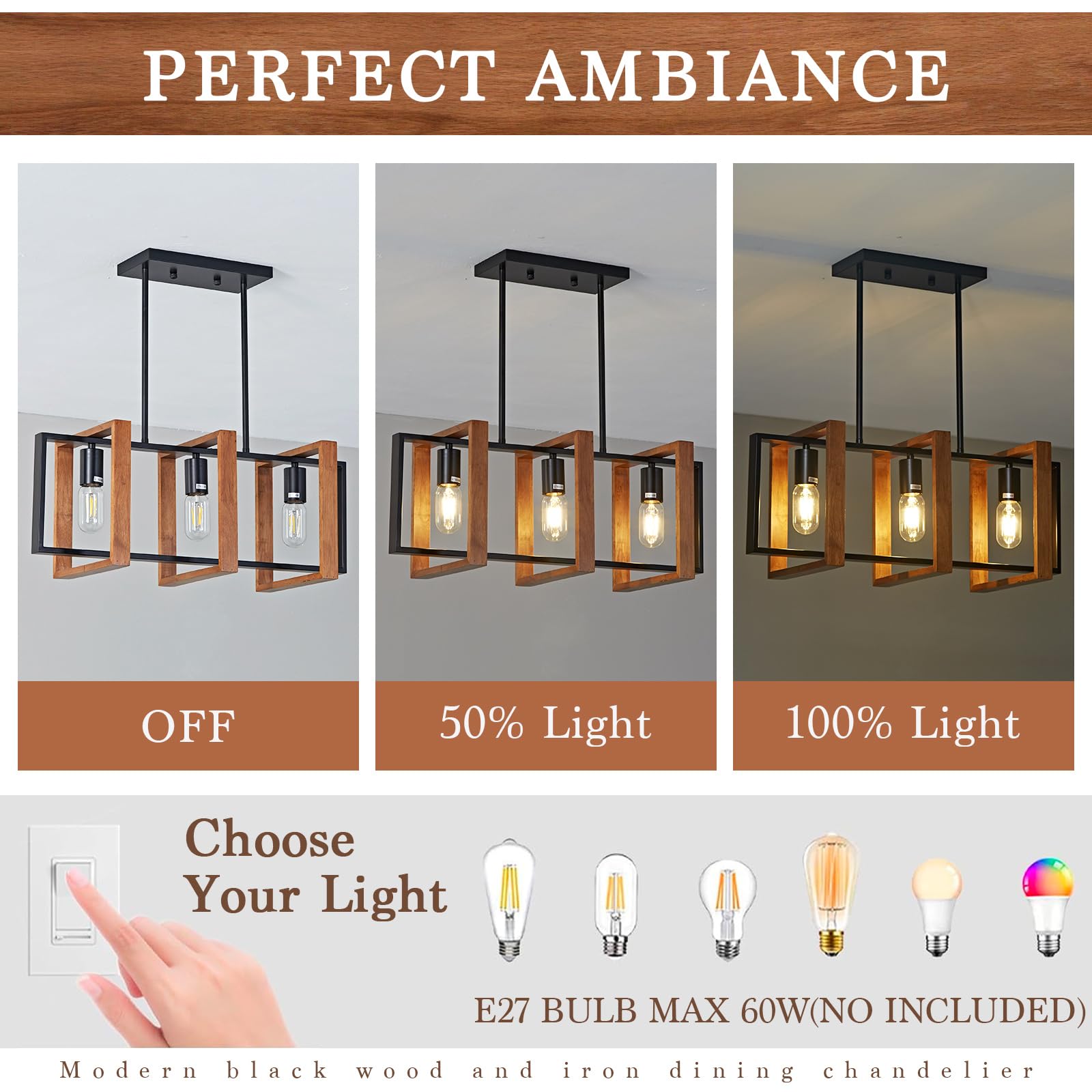 Lampadari Da Cucina,Legno Metallo Piscina Tavolo Luci, Industriale Lampadario Cucina Altezze Regolabili Per Sala Da Pranzo E Soggiorno, Foyer Corridoio (A,3 Heads)