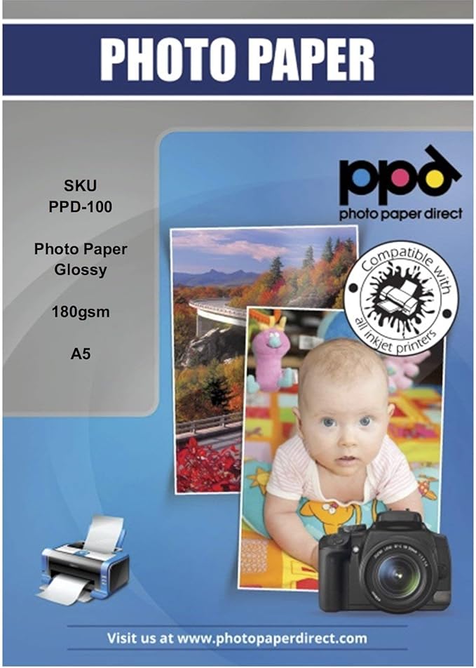 PPD 50 Feuilles x A5 Papier Photo Brillant, 180g, Impression Jet d