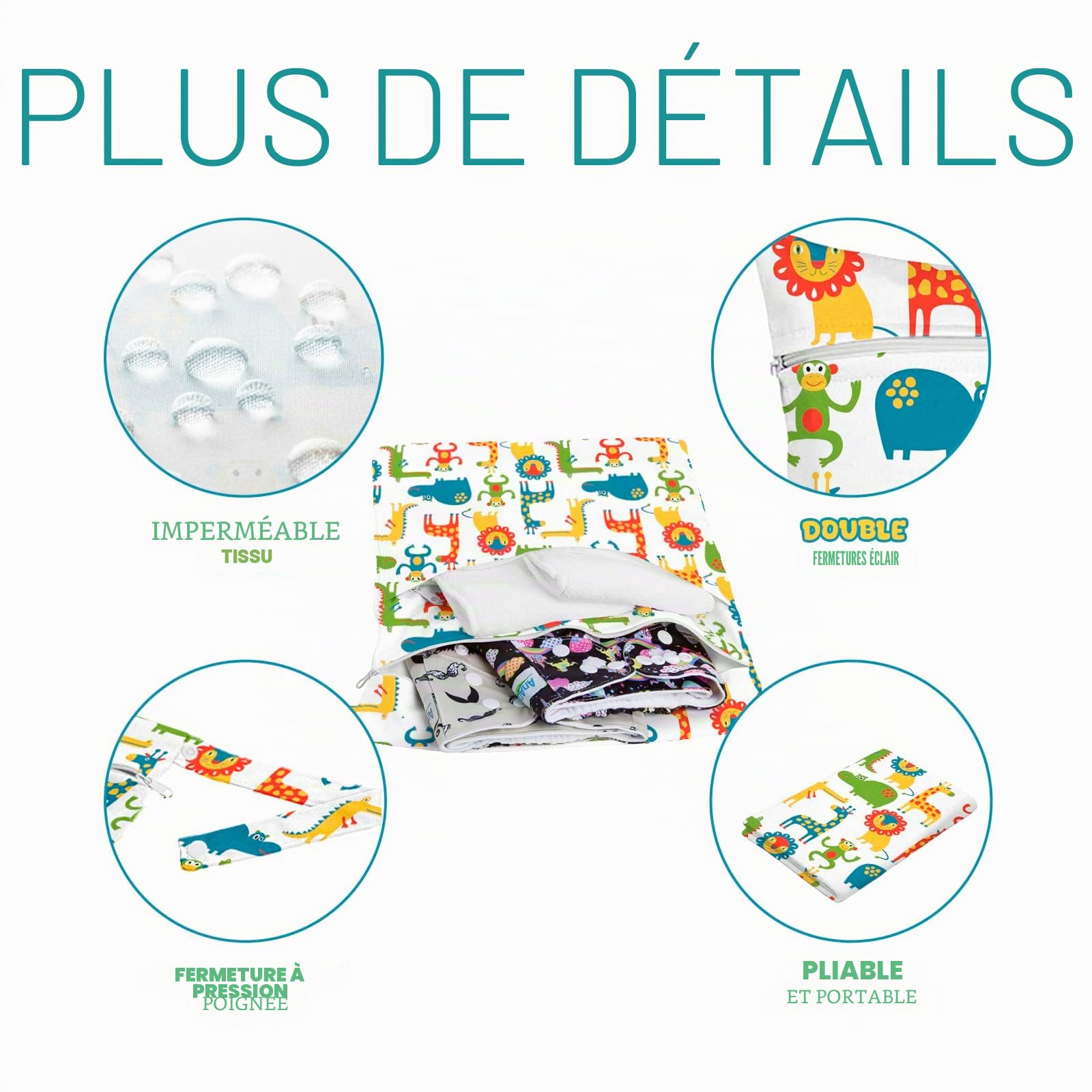 ROELLY Sac a Couches Bebe Lavable 2 Pièces, Sac Linge Sale Voyage,Pochette Humide et Sèche Réutilisable Écologique, Petits Animaux Mignons