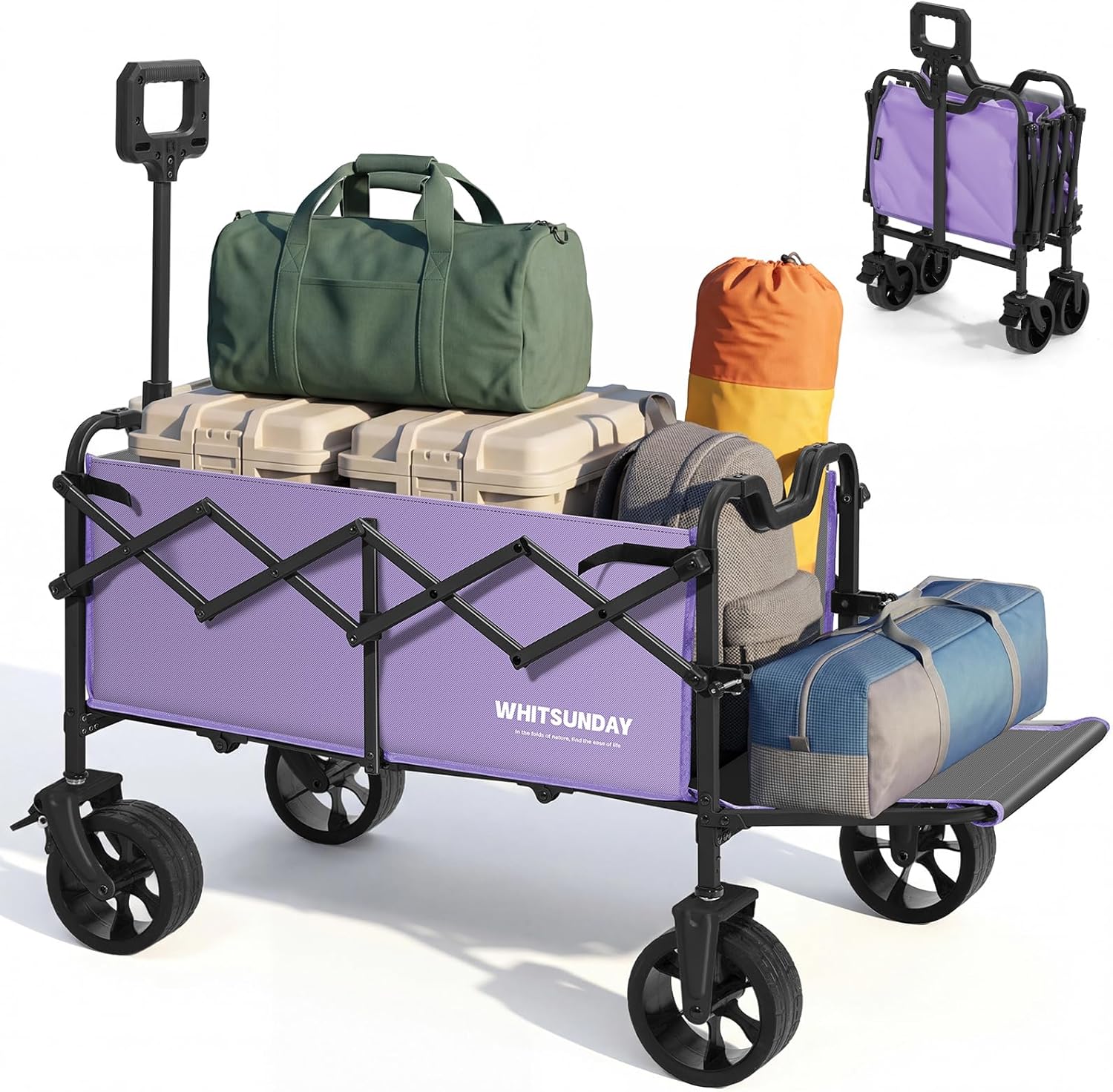 Whitsunday 2 in 1 Collapsible Folding Wagon, Heavy Duty Utility Wagons with All-Terrain Big Wheels for Camping,Garden,Beach,Sports Purple