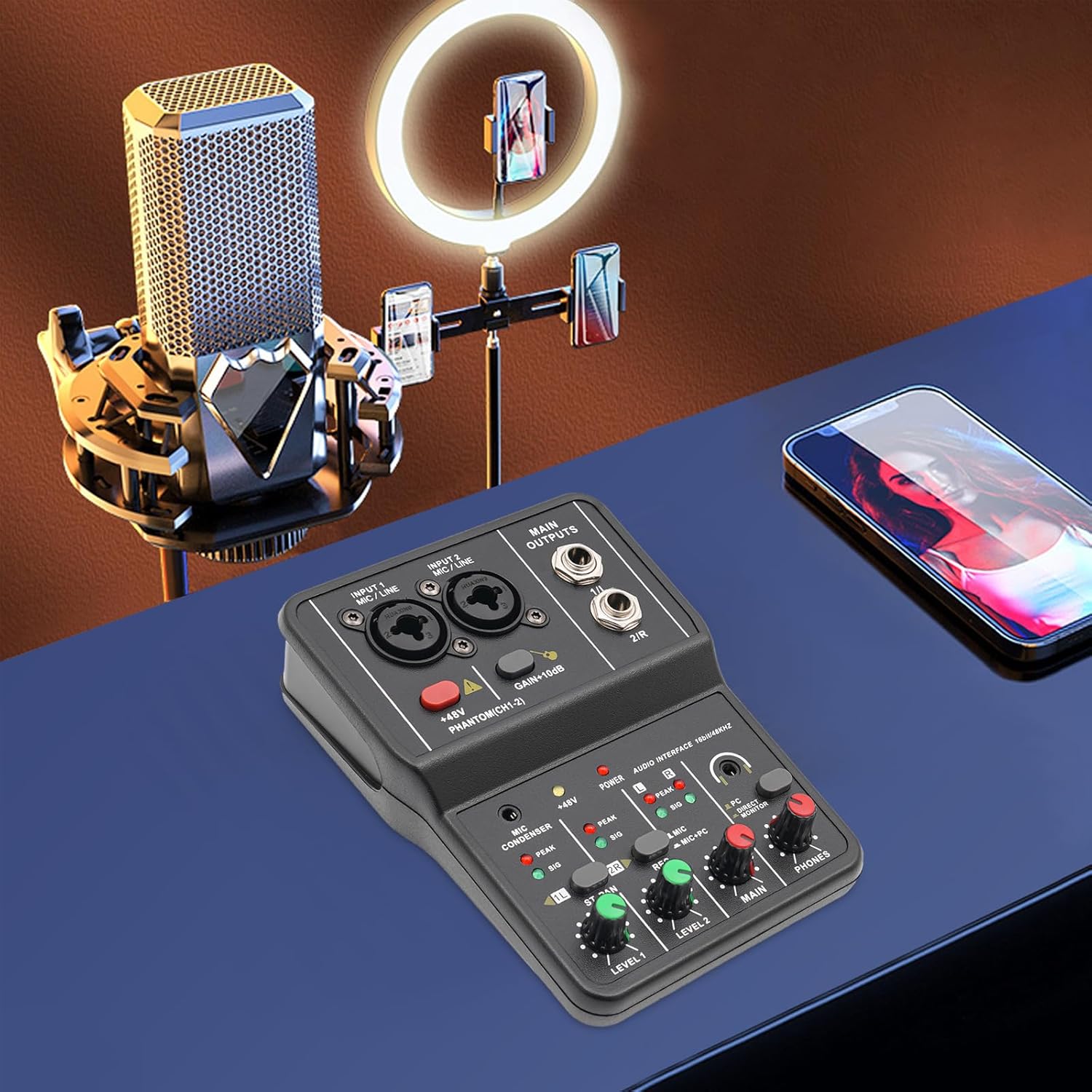 2 Channel Audio Mixer,Professional Sound System Mixer Board DJ Mixing Console,48V Phantom Power Audio Mixer,Professional Mini Audio Mixer for Studio Karaoke Live Music