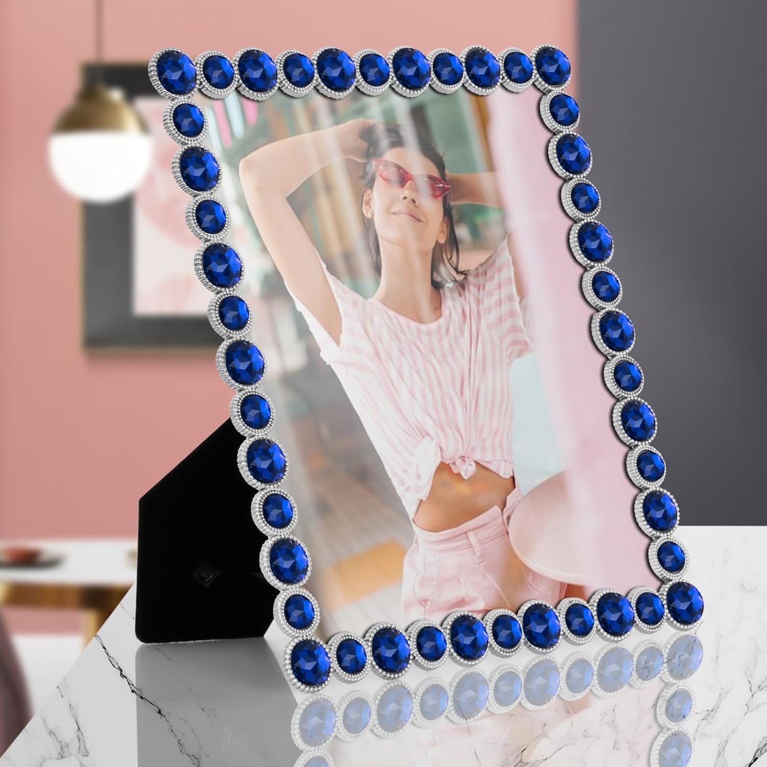 LARAINE Picture Photo Frame 8x10 Rhinestones Metal High Definition Glass Display Pictures for Tabletop Crystal Home Decorative Holiday Gift (Blue, 8x10)