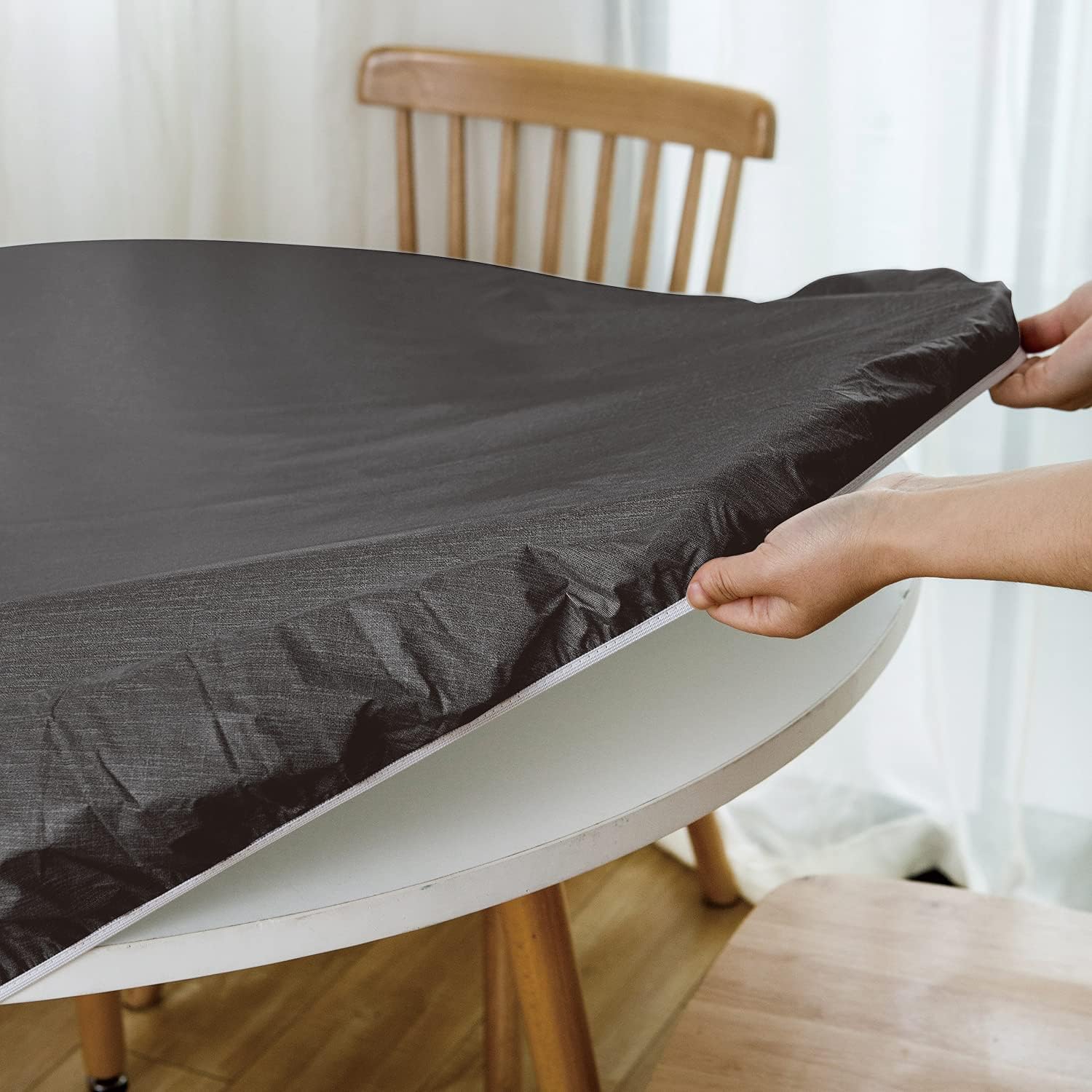 nlmuvw round fitted vinyl tablecloth with elastic edge 100% waterproof oil proof pvc table cloth wipe clean table cover for indoor and outdoor, black, 40"- 44" 44" (round) black