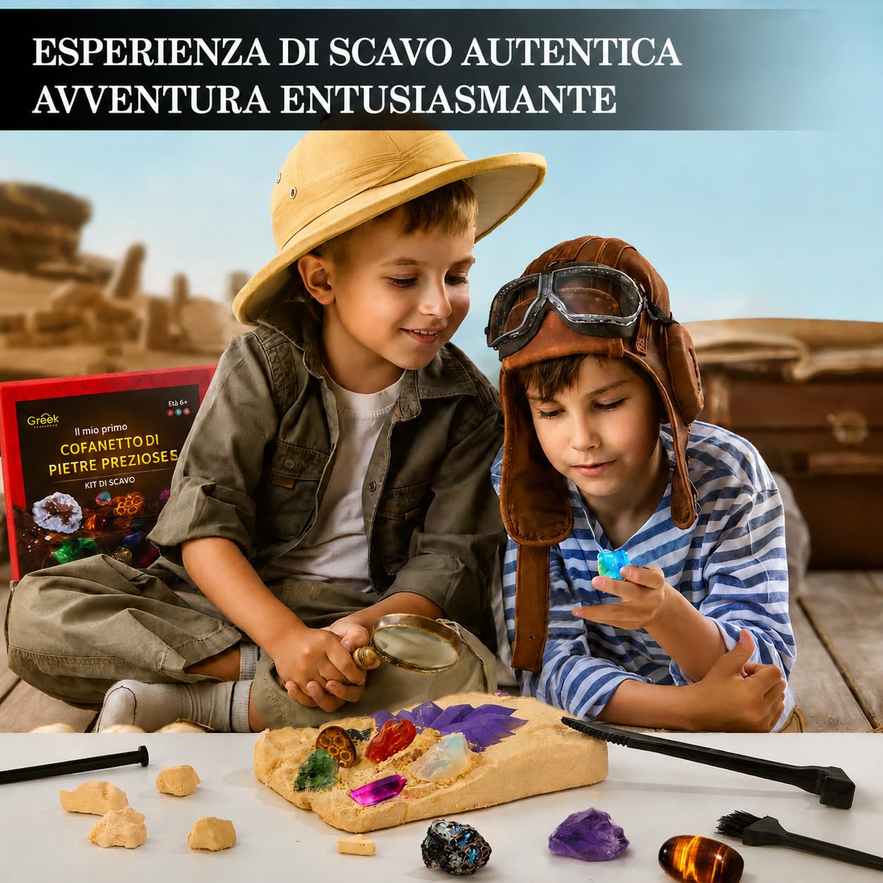 Kit di Scavo per Bambini con 15 Vere Gemme, Pietre e Cristalli da Scoprire, Gioco Educativo di Geologia, Regalo Archeologico per Bambini e Bambine