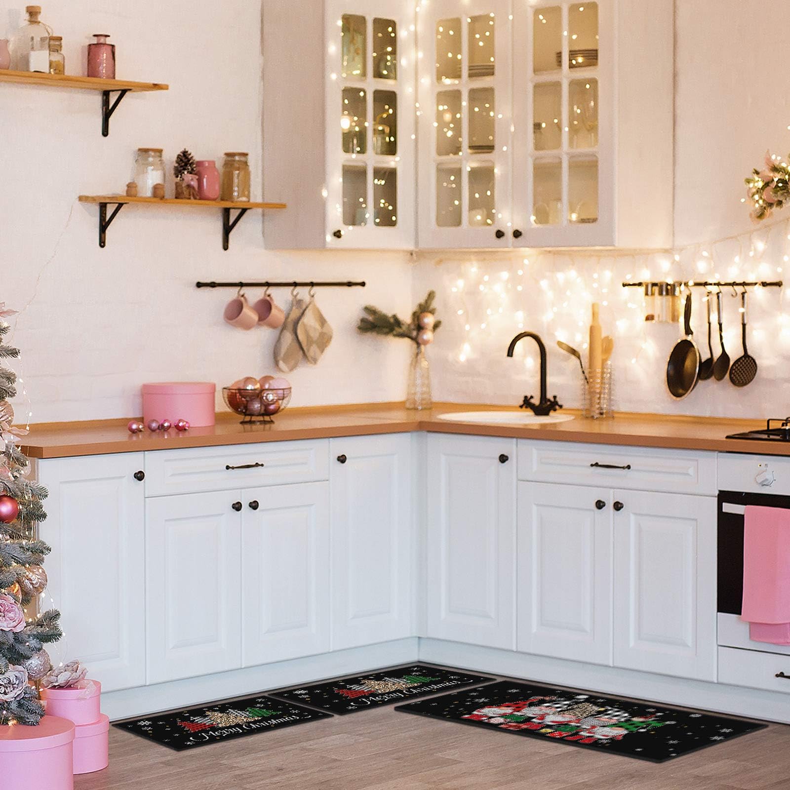 Tinideya Juego de 3 alfombras de cocina de Navidad a cuadros con gnomos de árbol de Navidad, color negro, antideslizantes, gruesas, resistentes a las manchas, decoración rústica de Navidad, alfombra