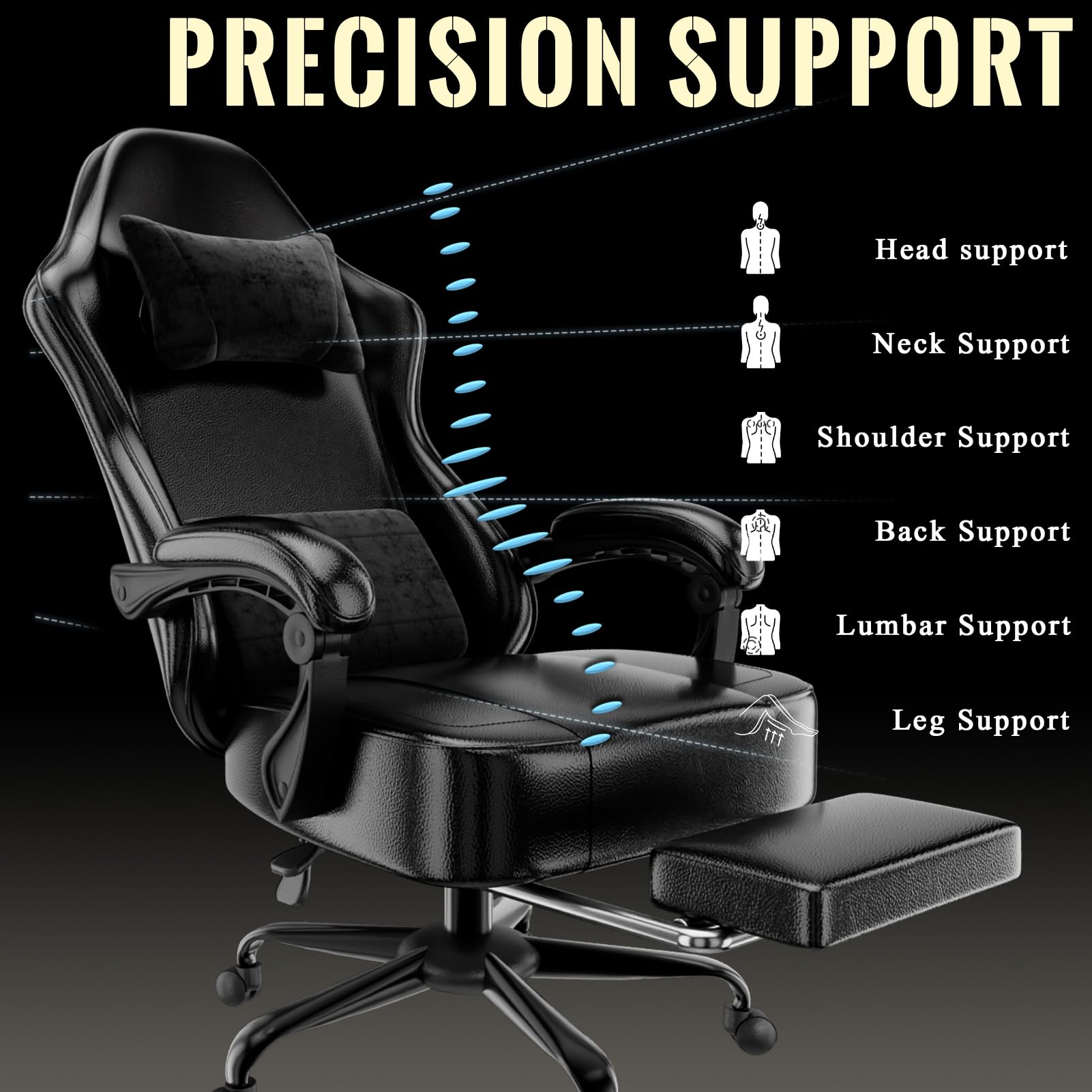 Chaise Gaming pour Adulte, Chaise de Bureau Ergonomique avec Dossier réglable, Fauteuil Gaming avec Appui-tête et Soutien Lombaire, Siege Gaming Rotatif avec Accoudoir (Noir Profond)