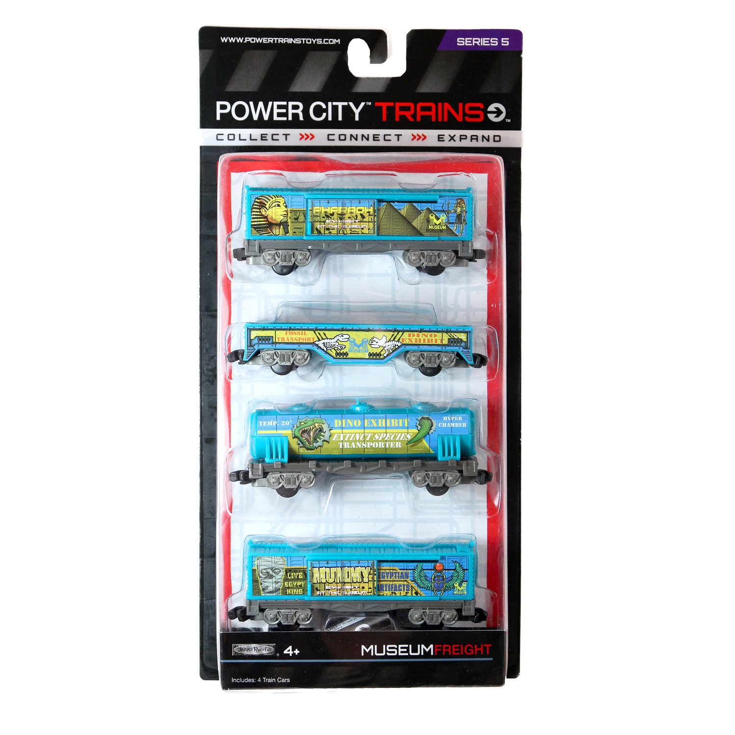 Jakks Pacific Year 2013 Power City Trains Series 4 Pack Train Accessory Set - MUSEUM FREIGHT with 2 Caboose, Freight Transport Car and "Extinct Species Transporter" Tanker