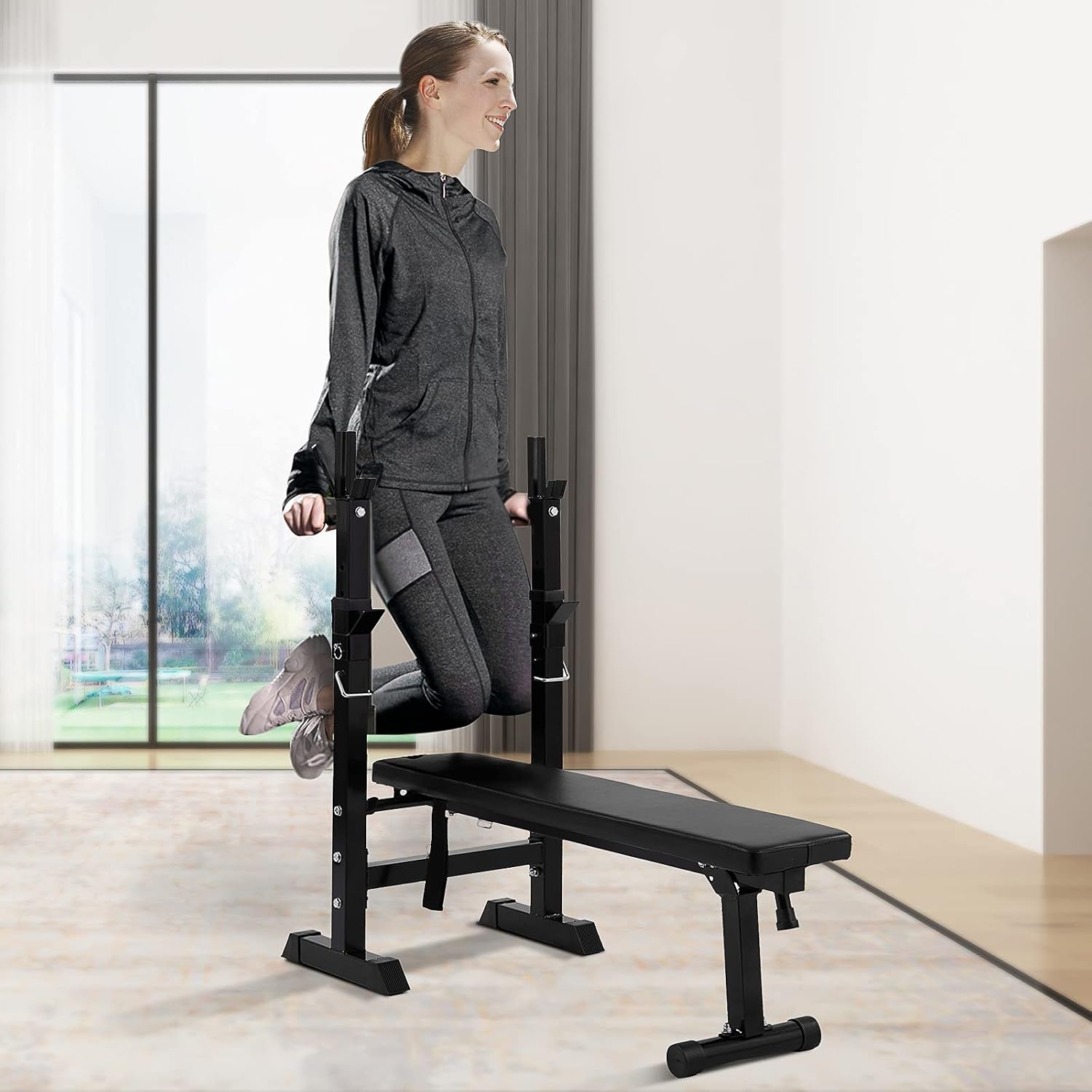 JAXPETY Adjustable Folding Weight Lifting Flat Incline Bench for Home and Gym, Fitness Workout Bench with Pull-Up Handle and Adjustable Barbell Rack for Full Body Standard Exercise, Black