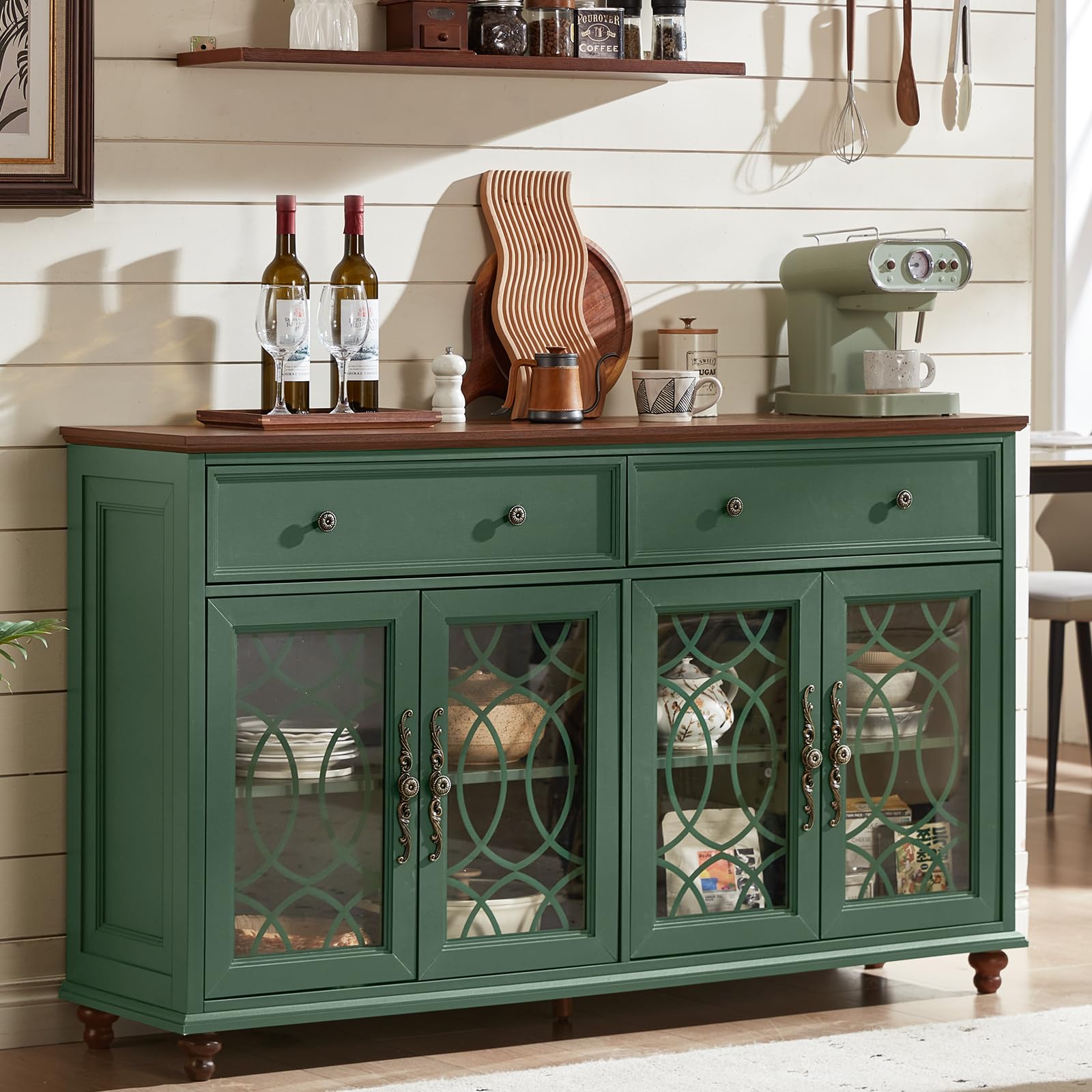farmhouse sideboard buffet cabinet with storage5934 large credenza with 4 glass doors amp 2 drawersadjustable shelves console tablewood kitchen coffee bar for dining roomliving roomgreen