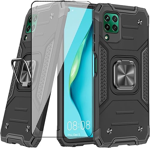 Asuwish Funda compatible con Huawei P40 Lite y protector de pantalla de vidrio templado, accesorios para celda, soporte de anillo, fundas Negro